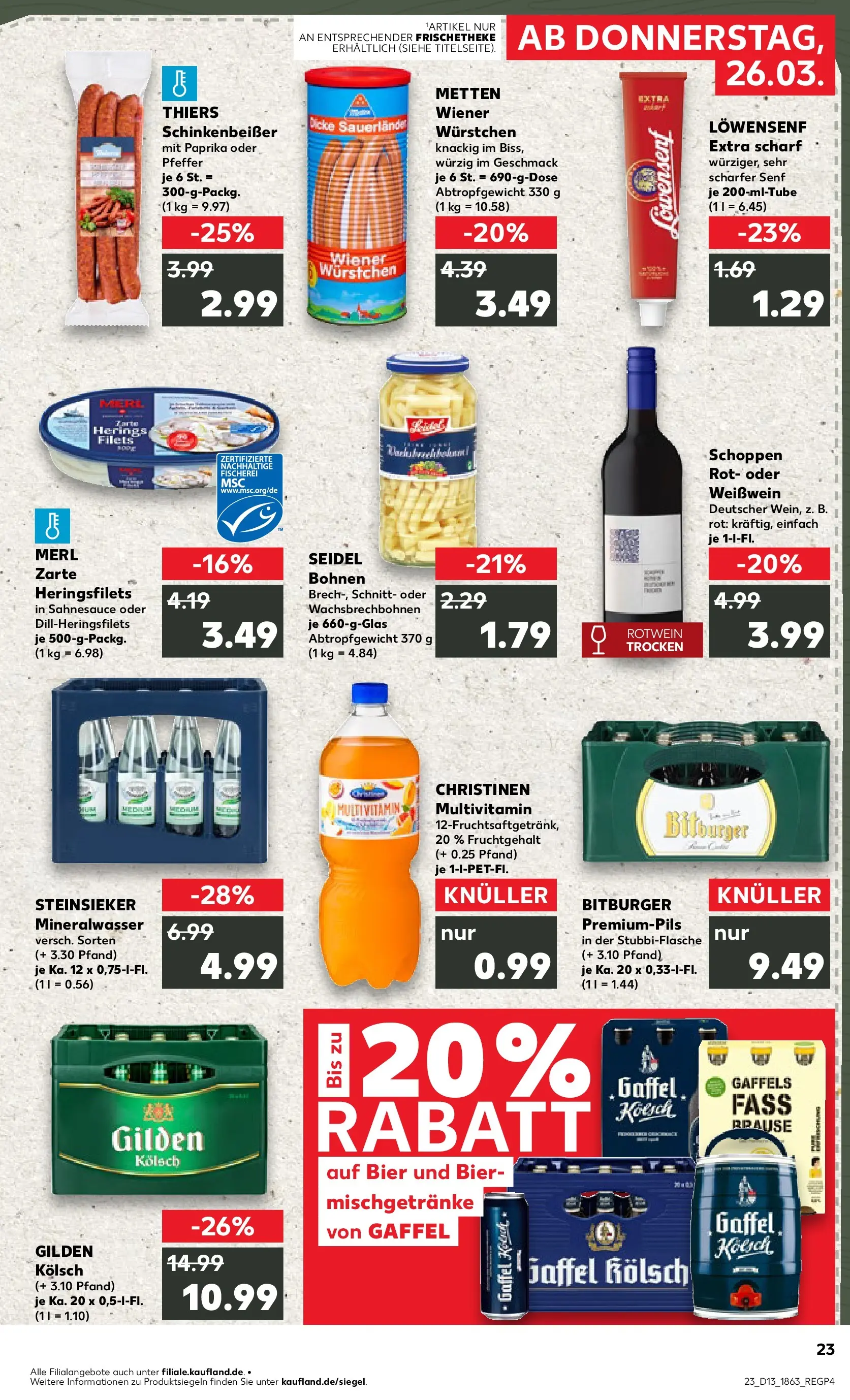 Prospekt Kaufland ab 26.03.2026 » Angebote Online zum Blättern | Seite: 23 | Produkte: Bitburger, Wiener wurstchen, Weißwein, Mineralwasser