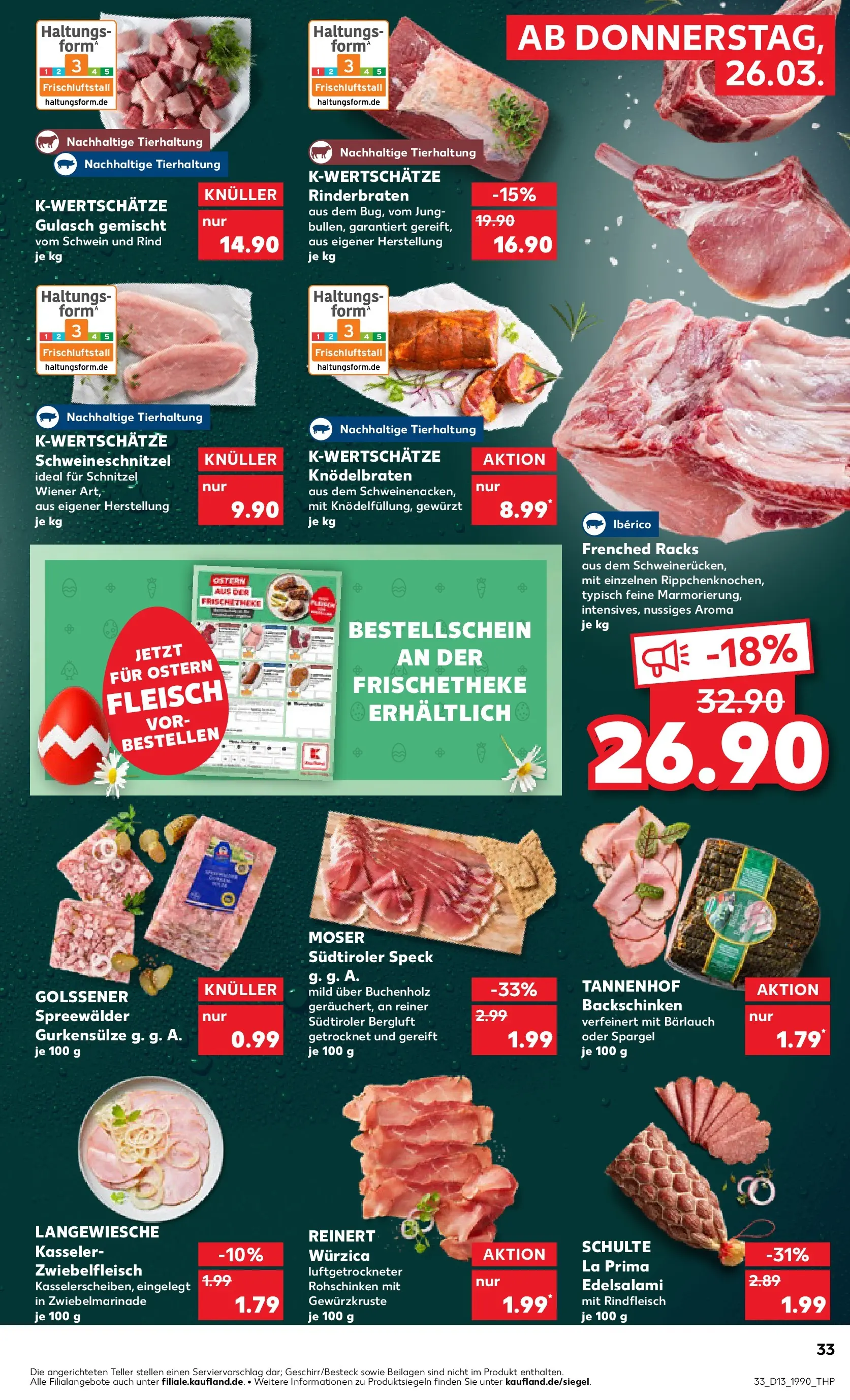 Prospekt Kaufland ab 26.03.2026 » Angebote Online zum Blättern | Seite: 33 | Produkte: Rinderbraten, Schnitzel, Salami, Fleisch