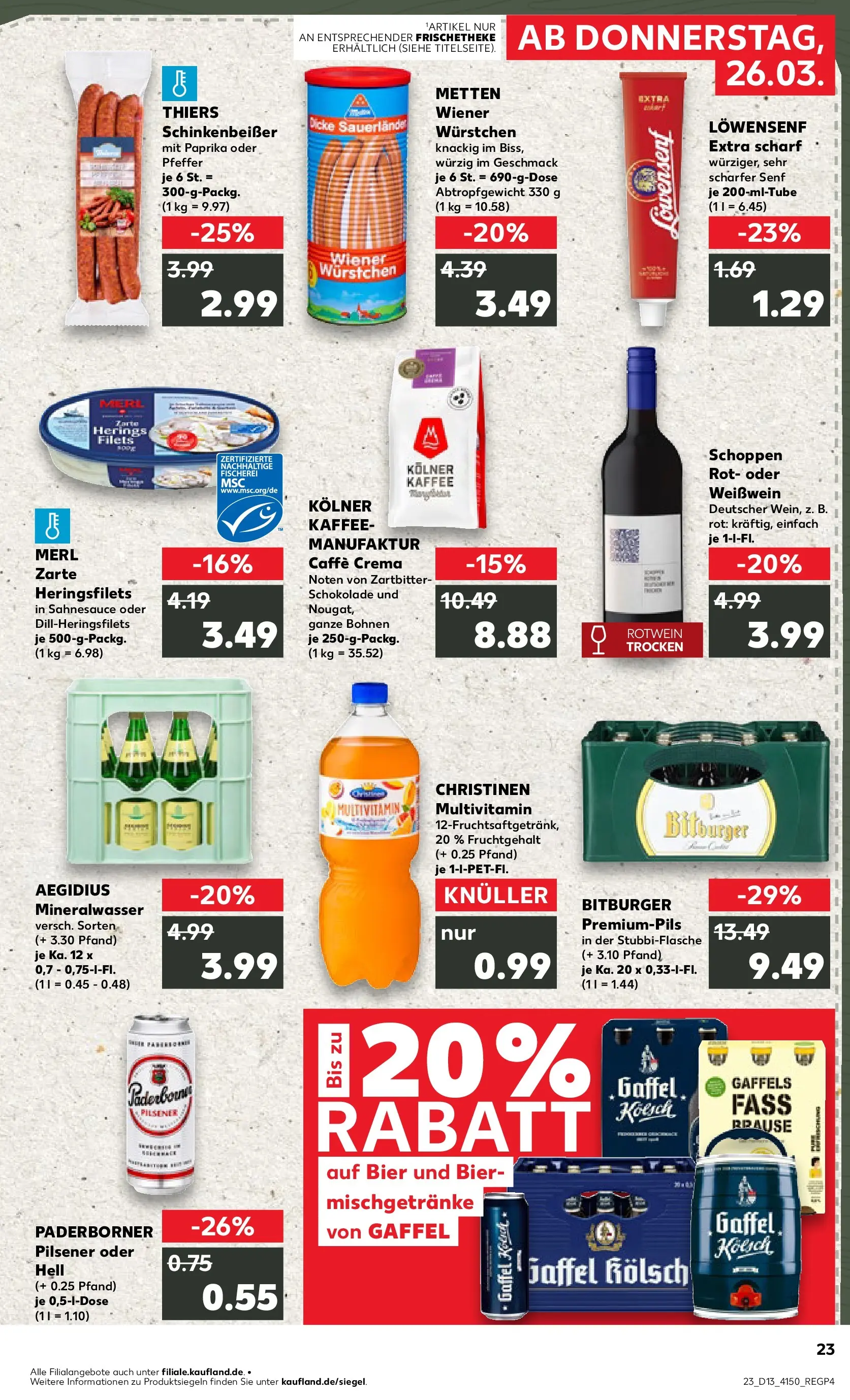 Prospekt Kaufland ab 26.03.2026 » Angebote Online zum Blättern | Seite: 23 | Produkte: Wiener wurstchen, Schokolade, Bier, Mineralwasser