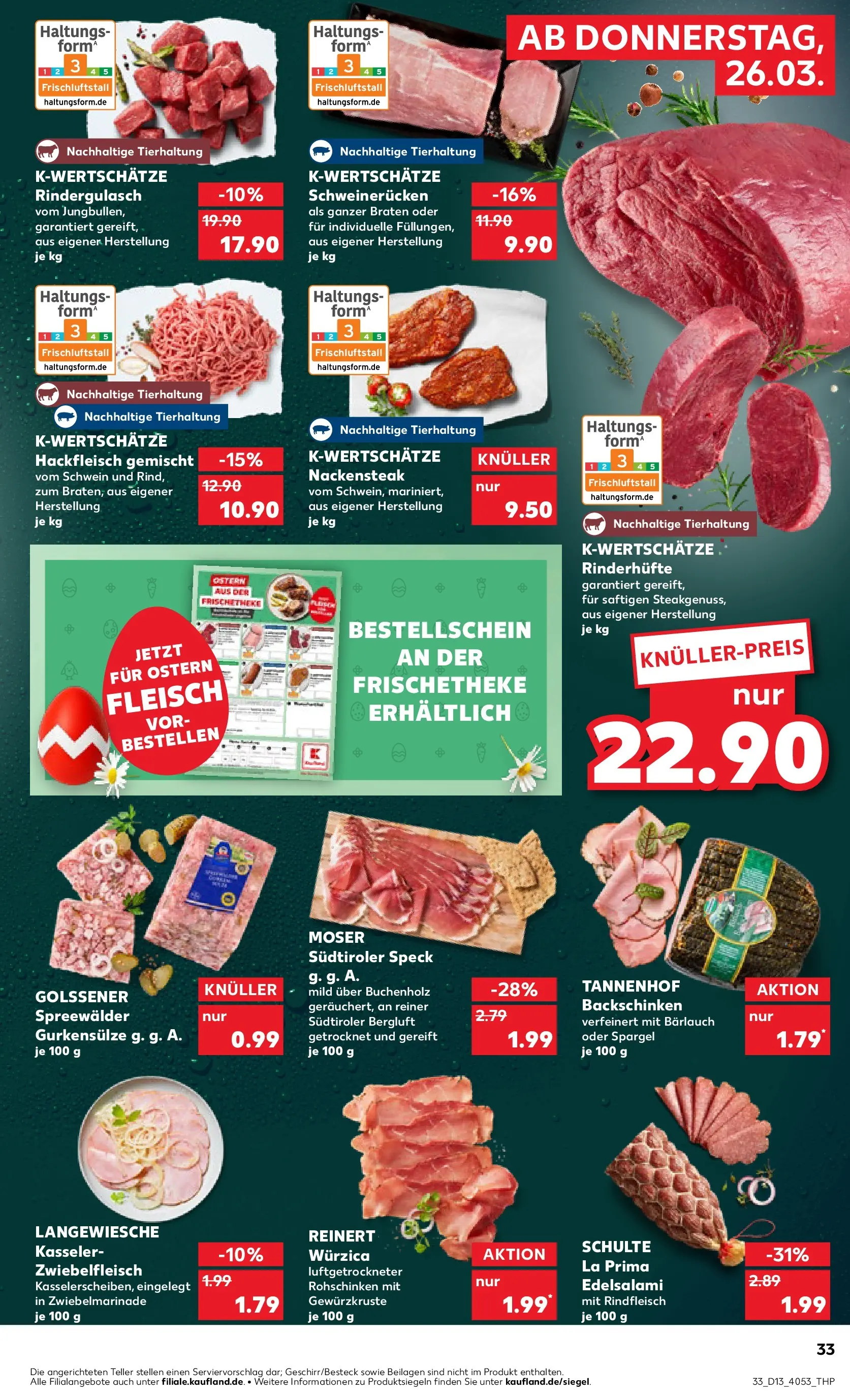Prospekt Kaufland ab 26.03.2026 » Angebote und Werbung Online | Seite: 33 | Produkte: Rindergulasch, Schweinerucken, Steak, Fleisch Prospekt Kaufland ab 26.03.2026 » Angebote Online zum Blättern | Seite: 33 | Produkte: Rindergulasch, Schweinerucken, Steak, Fleisch