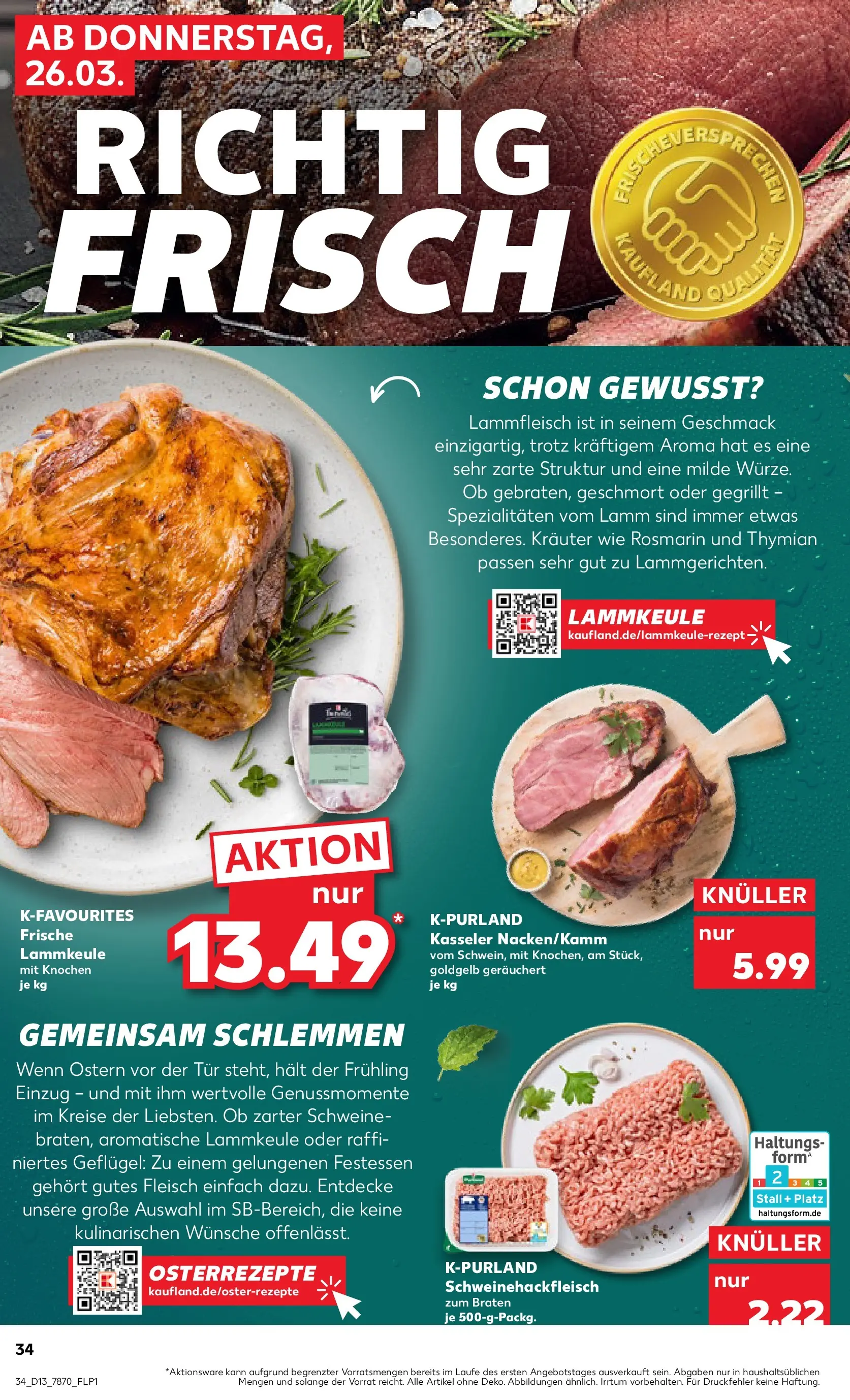 Prospekt Kaufland ab 26.03.2026 » Angebote Online zum Blättern | Seite: 34 | Produkte: Lammkeule, Tür, Fleisch