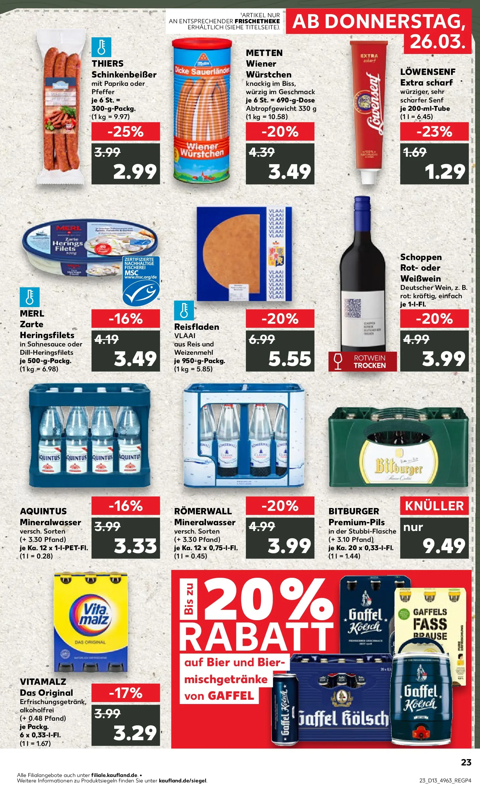 Prospekt Kaufland ab 26.03.2026 » Angebote Online zum Blättern | Seite: 23 | Produkte: Bitburger, Wiener wurstchen, Bier, Weißwein