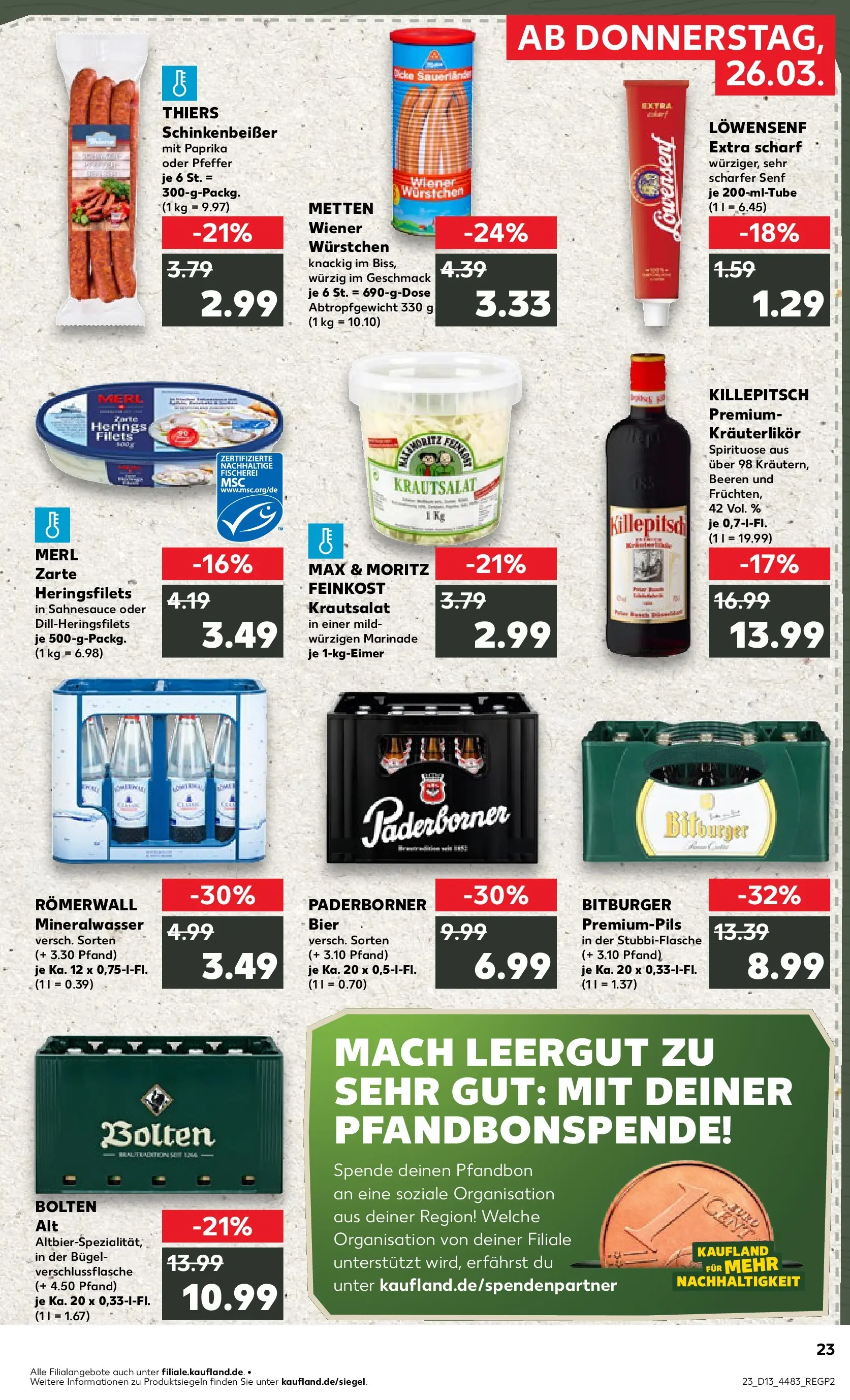 Prospekt Kaufland ab 26.03.2026 » Angebote Online zum Blättern | Seite: 23 | Produkte: Bitburger, Wiener wurstchen, Mineralwasser, Pfeffer
