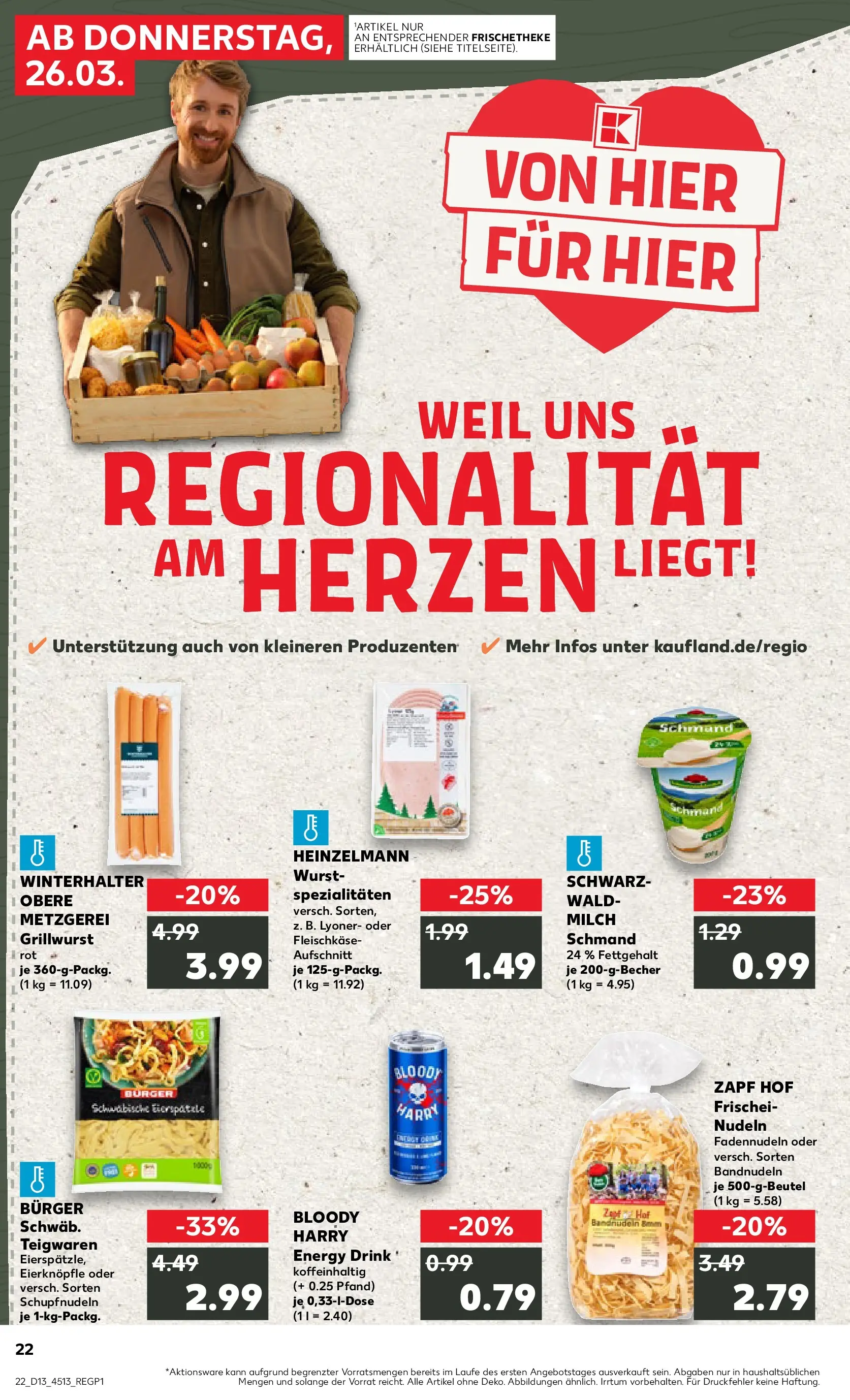 Prospekt Kaufland ab 26.03.2026 » Angebote Online zum Blättern | Seite: 22 | Produkte: Milch, Energy, Burger, Nudeln