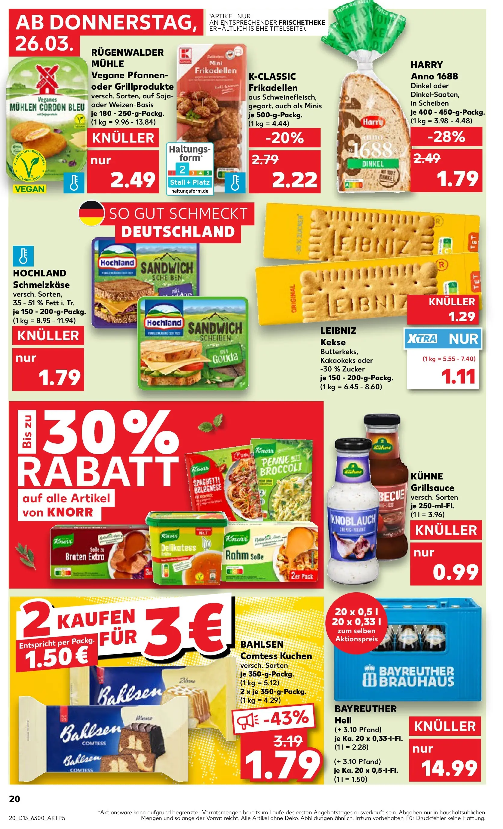 Prospekt Kaufland ab 26.03.2026 » Angebote Online zum Blättern | Seite: 20 | Produkte: Bayreuther hell, Knorr, Zucker, Kuchen
