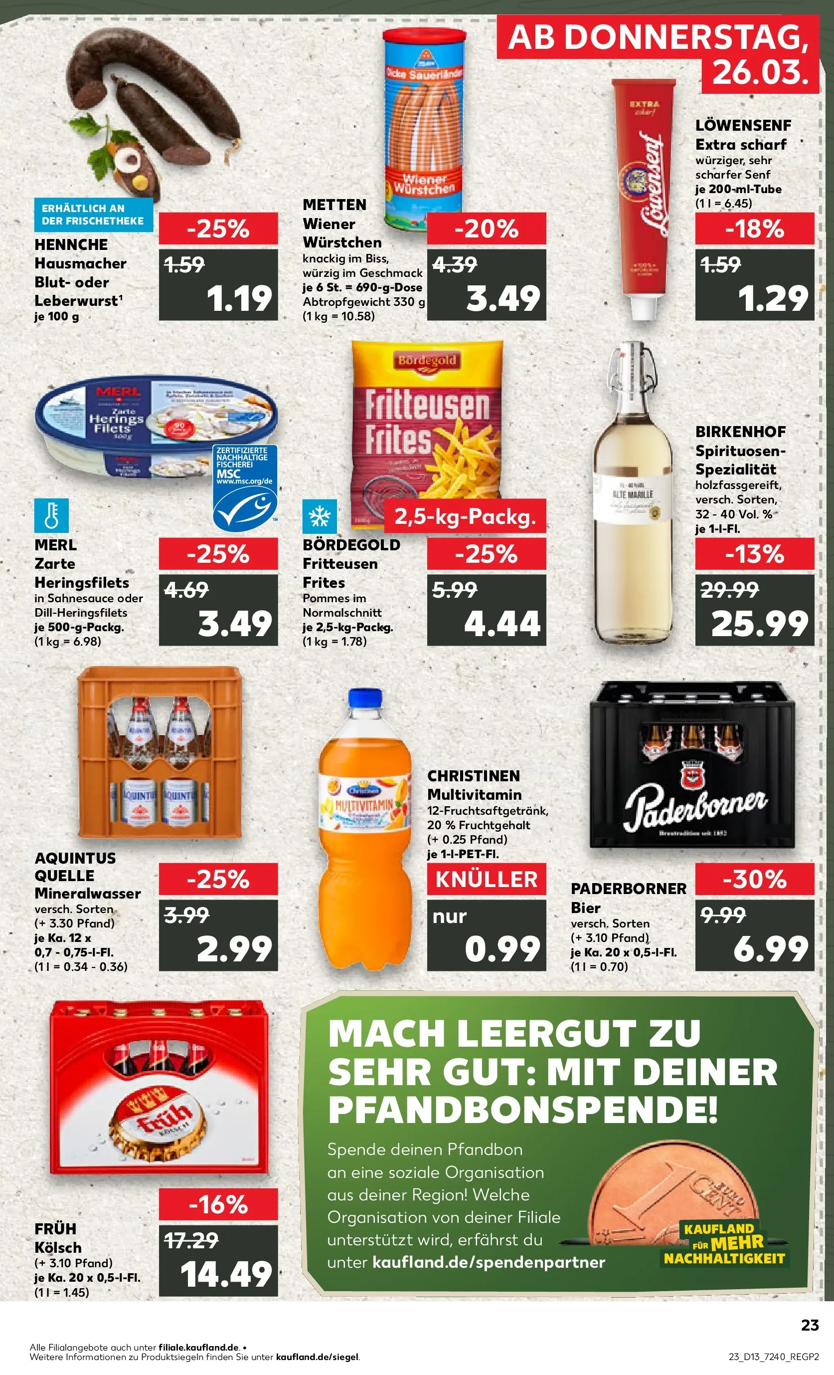 Prospekt Kaufland ab 25.03.2026 » Angebote Online zum Blättern | Seite: 23 | Produkte: Wiener wurstchen, Bier, Pommes, Mineralwasser