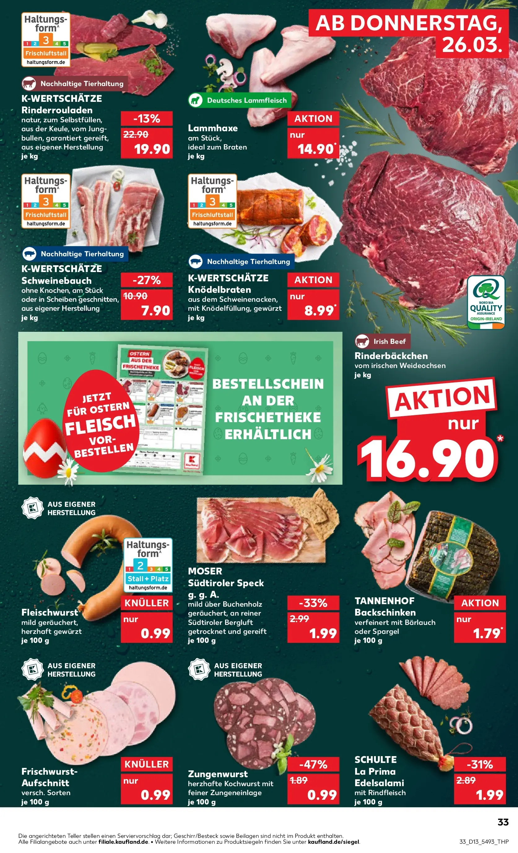 Prospekt Kaufland ab 26.03.2026 » Angebote Online zum Blättern | Seite: 33 | Produkte: Rinderrouladen, Schweinebauch, Spargel, Salami