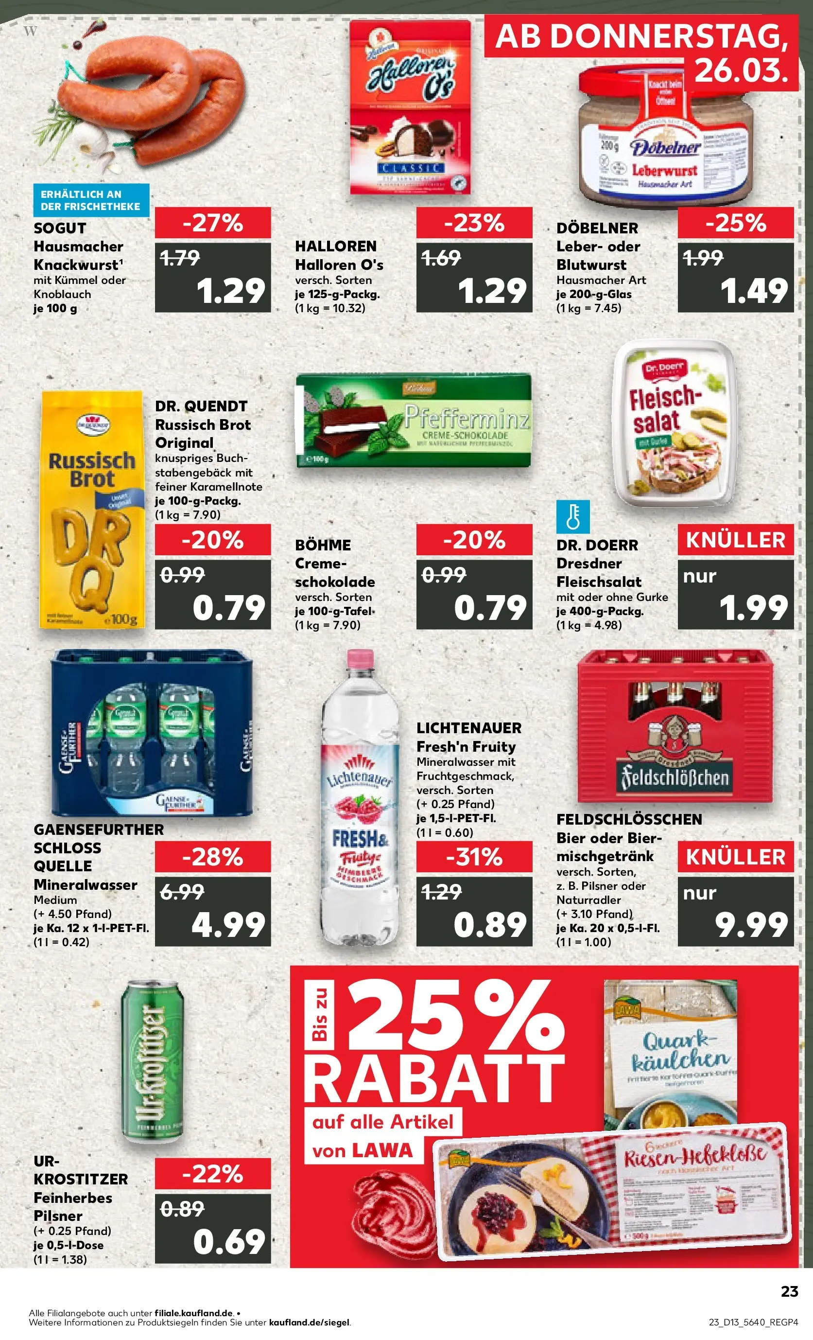 Prospekt Kaufland ab 26.03.2026 » Angebote Online zum Blättern | Seite: 23 | Produkte: Schokolade, Mineralwasser, Creme, Fleisch