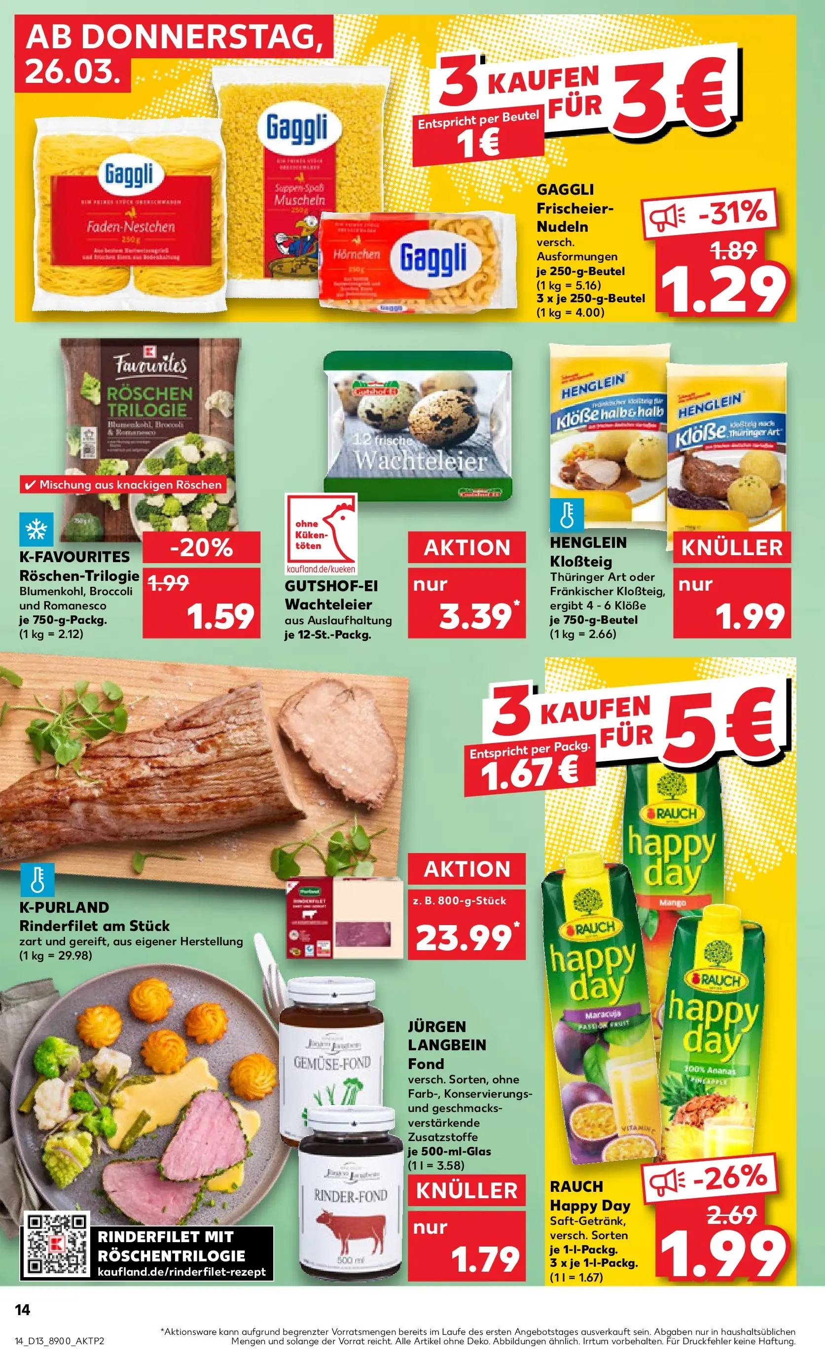 Prospekt Kaufland ab 26.03.2026 » Angebote Online zum Blättern | Seite: 14 | Produkte: Rinderfilet, Ananas, Mango, Nudeln