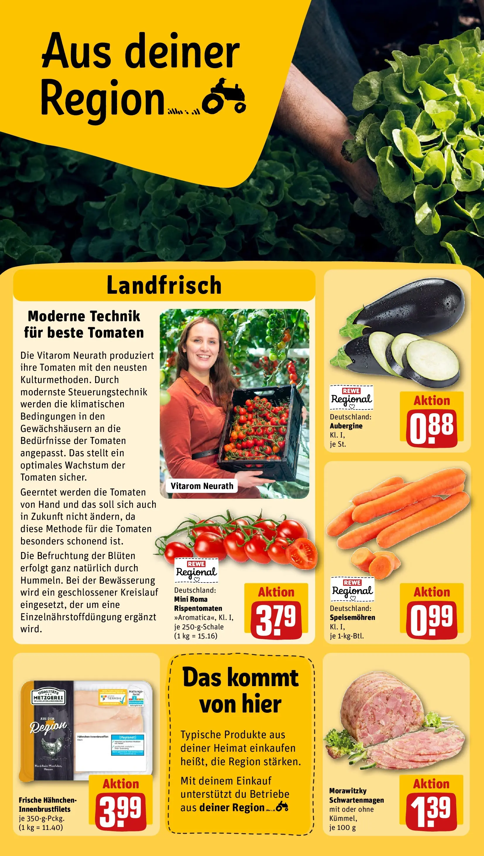 REWE Prospekt ab 22.03.2026 zum Blättern » Angebote | Seite: 24 | Produkte: Hahnchen, Tomaten, Aubergine, Morawitzky