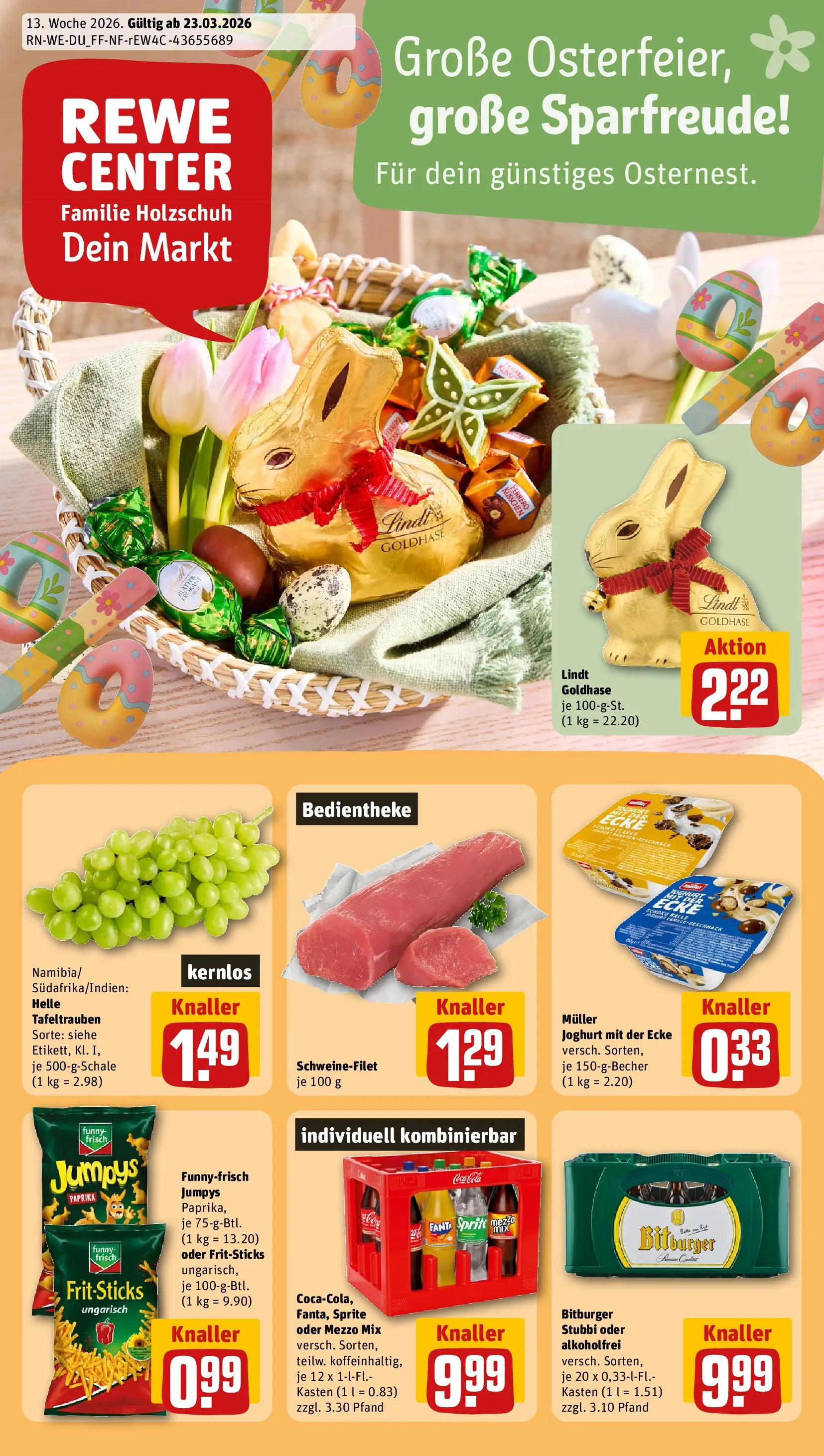 REWE Prospekt ab 23.03.2026 zum Blättern » Angebote | Seite: 1 | Produkte: Mezzo mix, Cola, Oder mezzo mix, Lindt