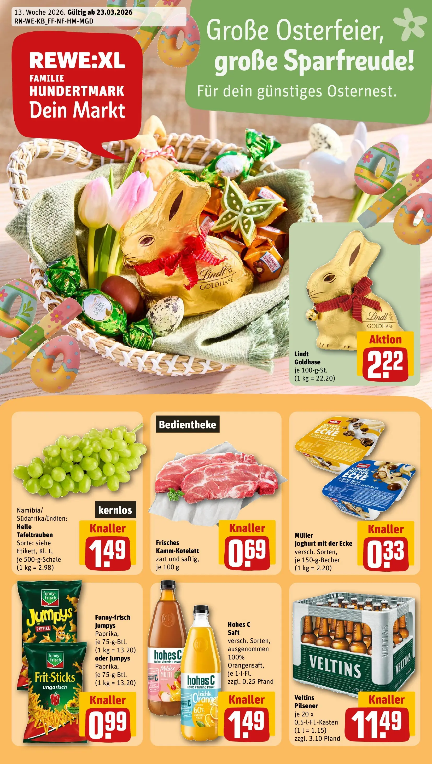 REWE Prospekt ab 23.03.2026 zum Blättern » Angebote | Seite: 1 | Produkte: Joghurt, Paprika, Saft, Lindt