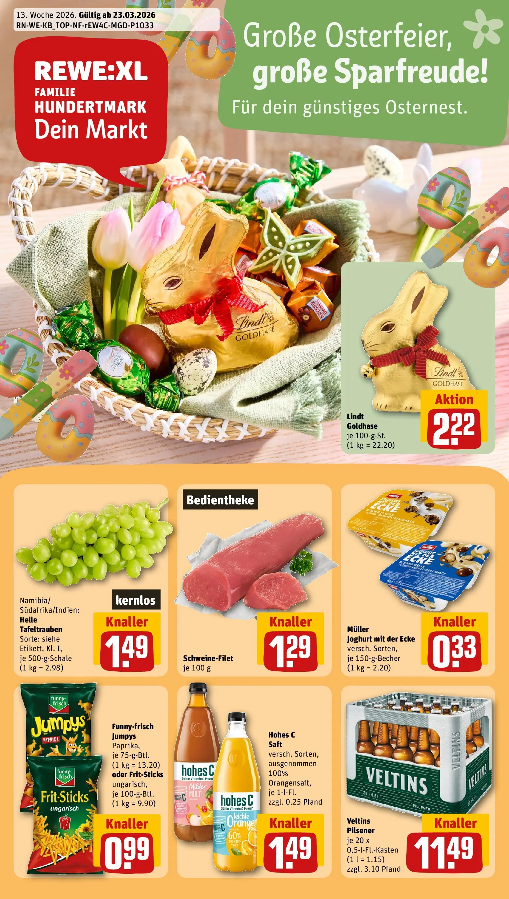 REWE Prospekt ab 23.03.2026 zum Blättern » Angebote | Seite: 1 | Produkte: Joghurt, Lindt, Chips, Veltins