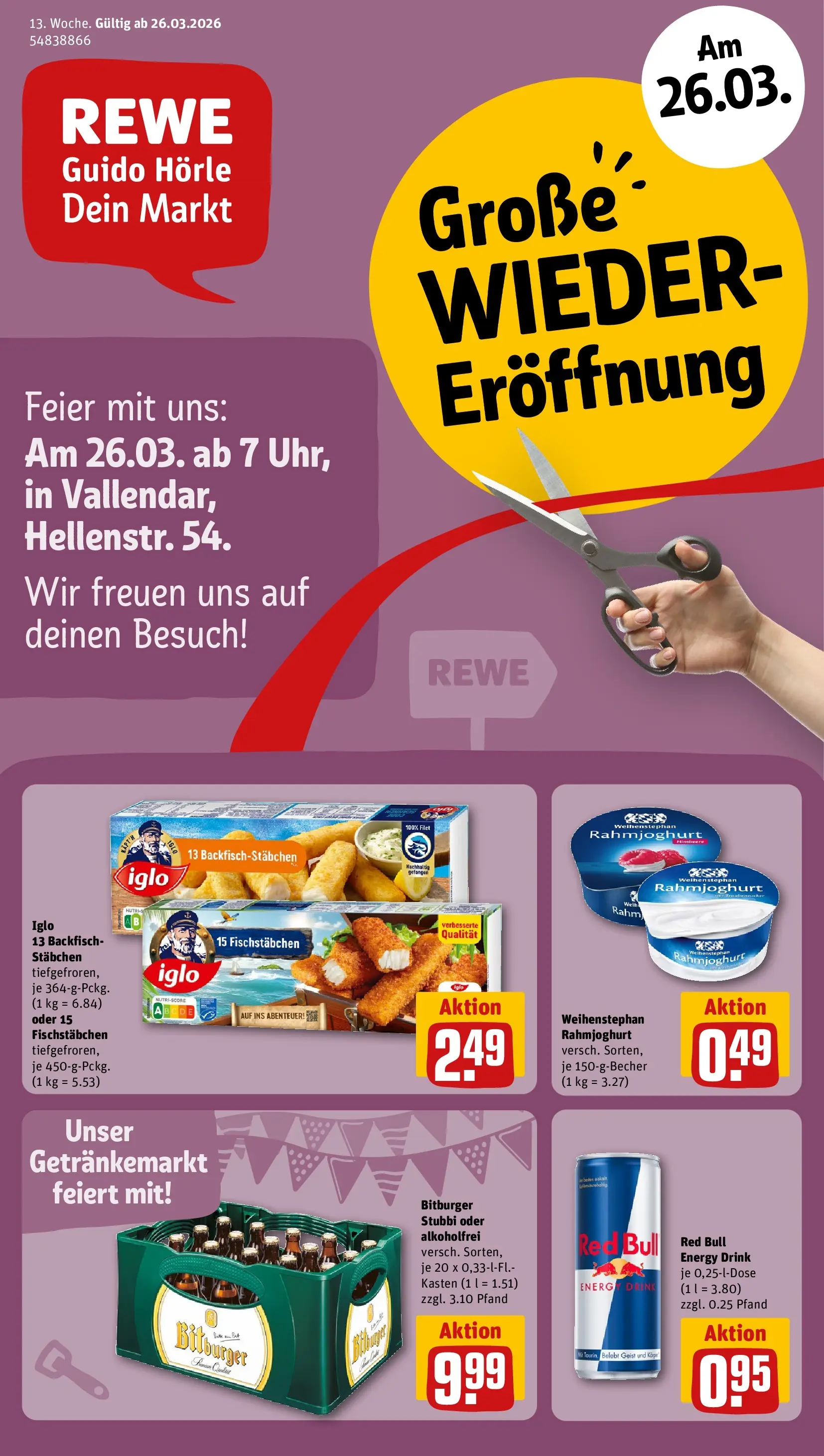REWE Prospekt ab 22.03.2026 zum Blättern » Angebote | Seite: 1 | Produkte: Bitburger, Red bull, Energy, Iglo