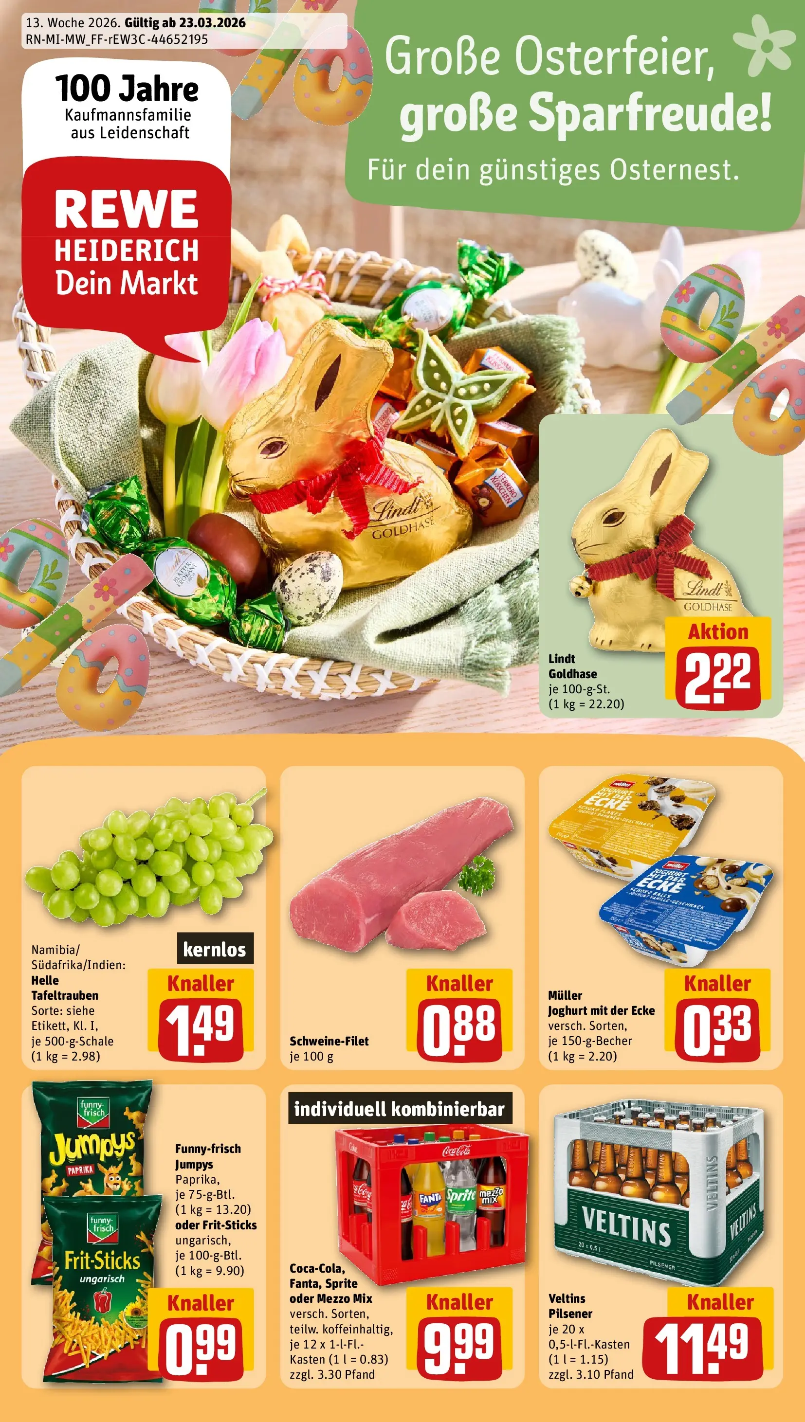 REWE Prospekt ab 23.03.2026 zum Blättern » Angebote | Seite: 1 | Produkte: Funny frisch, Schweinefilet, Paprika, Chips