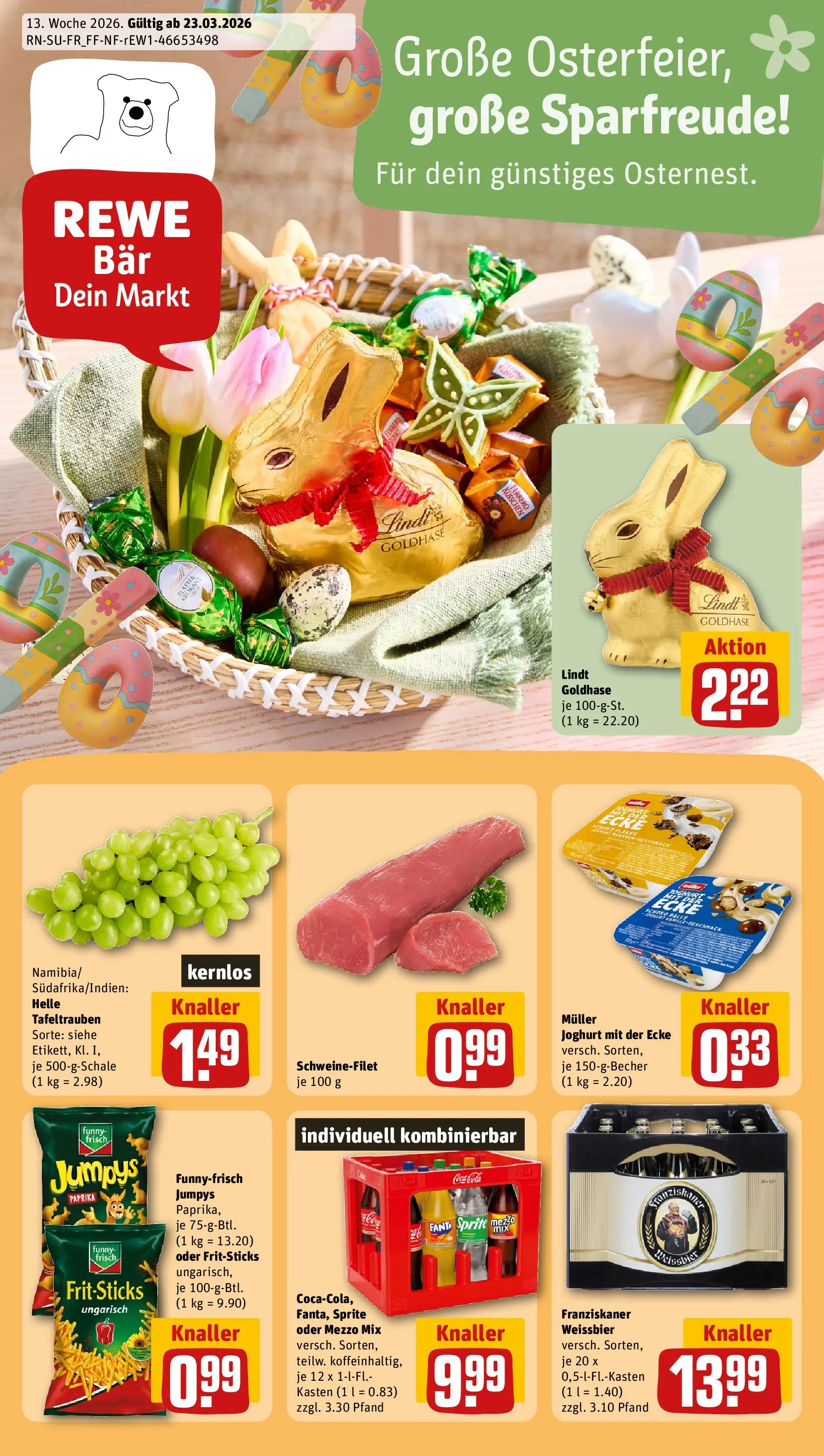 REWE Prospekt ab 23.03.2026 zum Blättern » Angebote | Seite: 1 | Produkte: Fanta, Weißbier, Funny frisch, Lindt