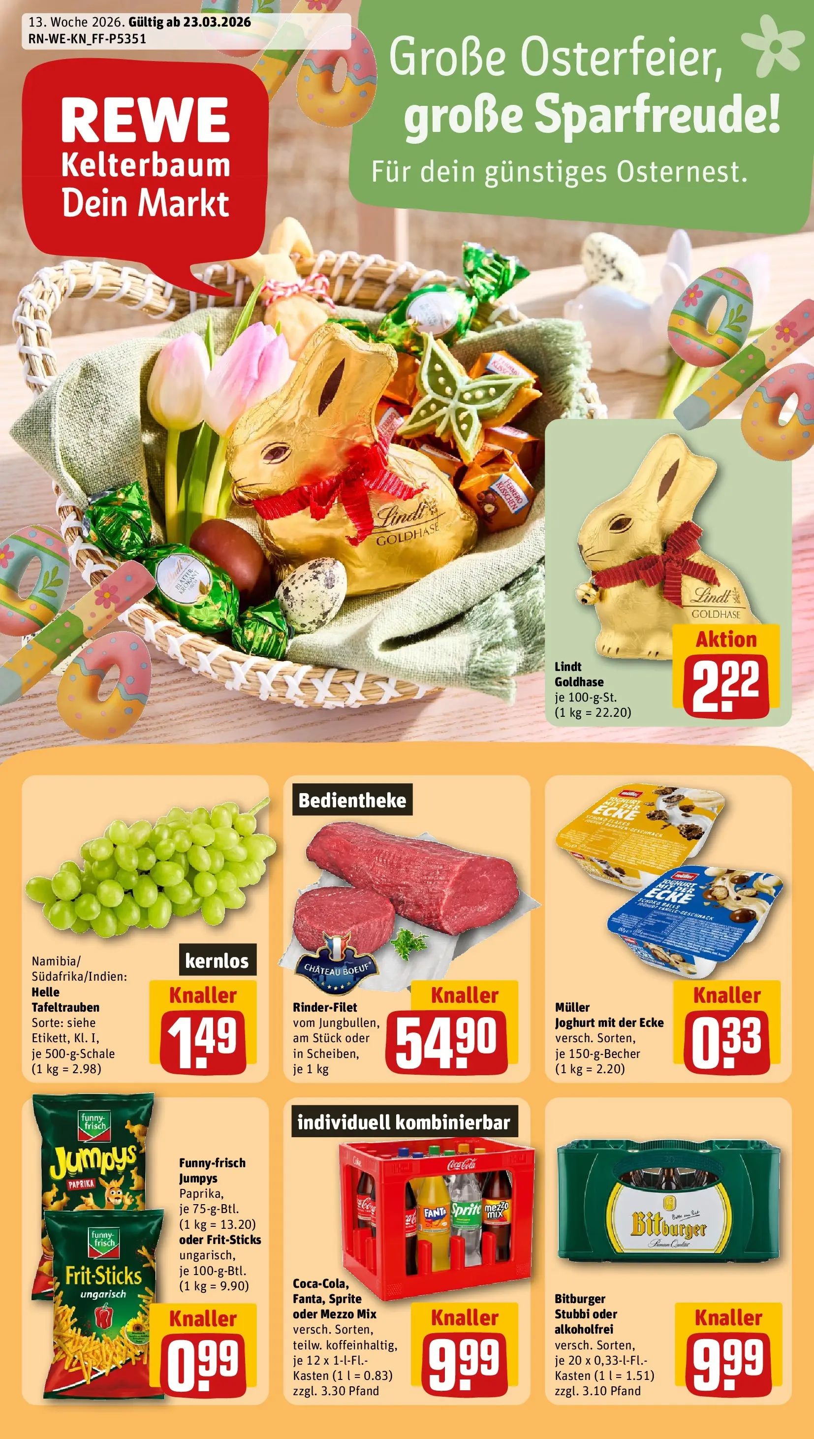 REWE Prospekt ab 23.03.2026 zum Blättern » Angebote | Seite: 1 | Produkte: Sprite, Bananen, Oder mezzo mix, Lindt