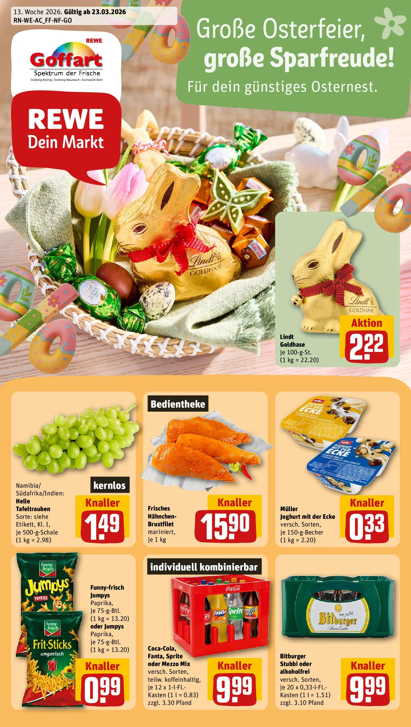 REWE Prospekt ab 23.03.2026 zum Blättern » Angebote | Seite: 1 | Produkte: Fanta, Sprite, Lindt, Chips