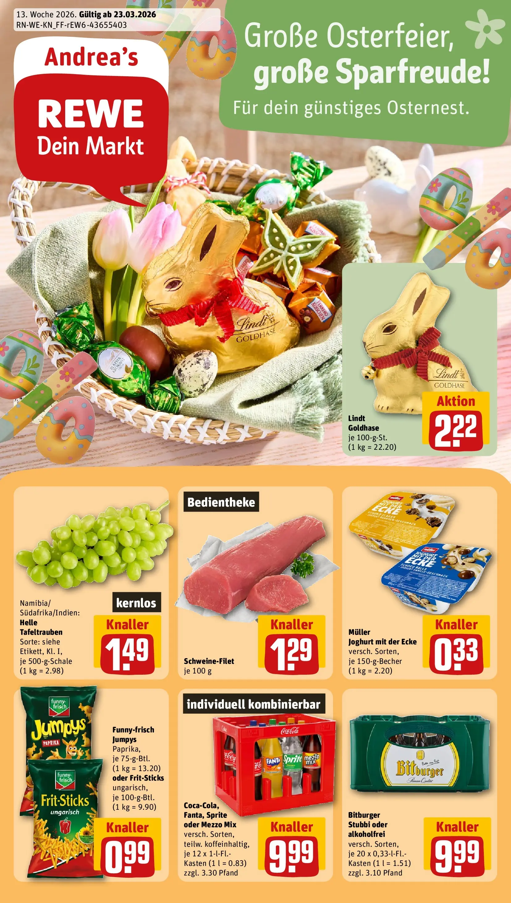 REWE Prospekt ab 23.03.2026 zum Blättern » Angebote | Seite: 1 | Produkte: Mezzo mix, Sprite, Joghurt, Oder mezzo mix