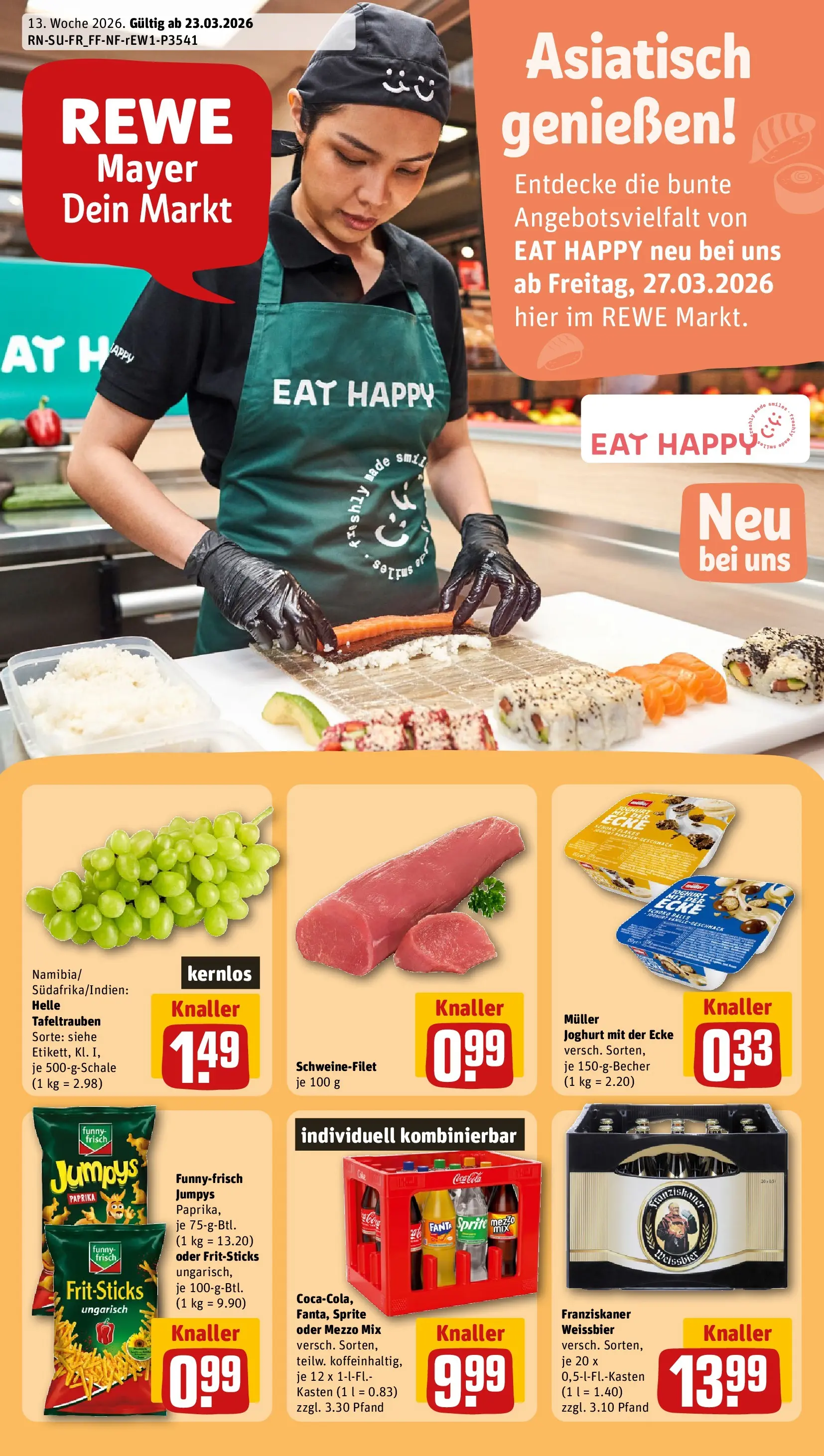 REWE Prospekt ab 23.03.2026 zum Blättern » Angebote | Seite: 1 | Produkte: Franziskaner, Fanta, Schweinefilet, Oder mezzo mix