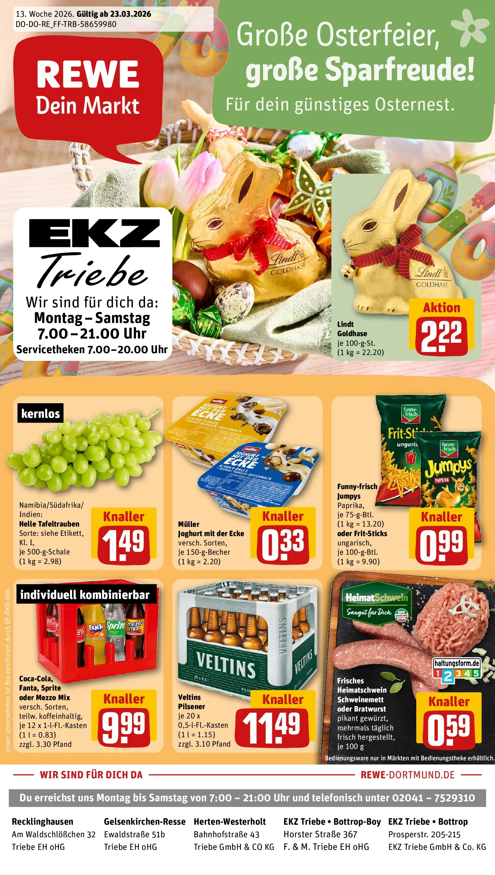 REWE Prospekt ab 23.03.2026 zum Blättern » Angebote | Seite: 1 | Produkte: Joghurt, Bratwurst, Chips, Veltins