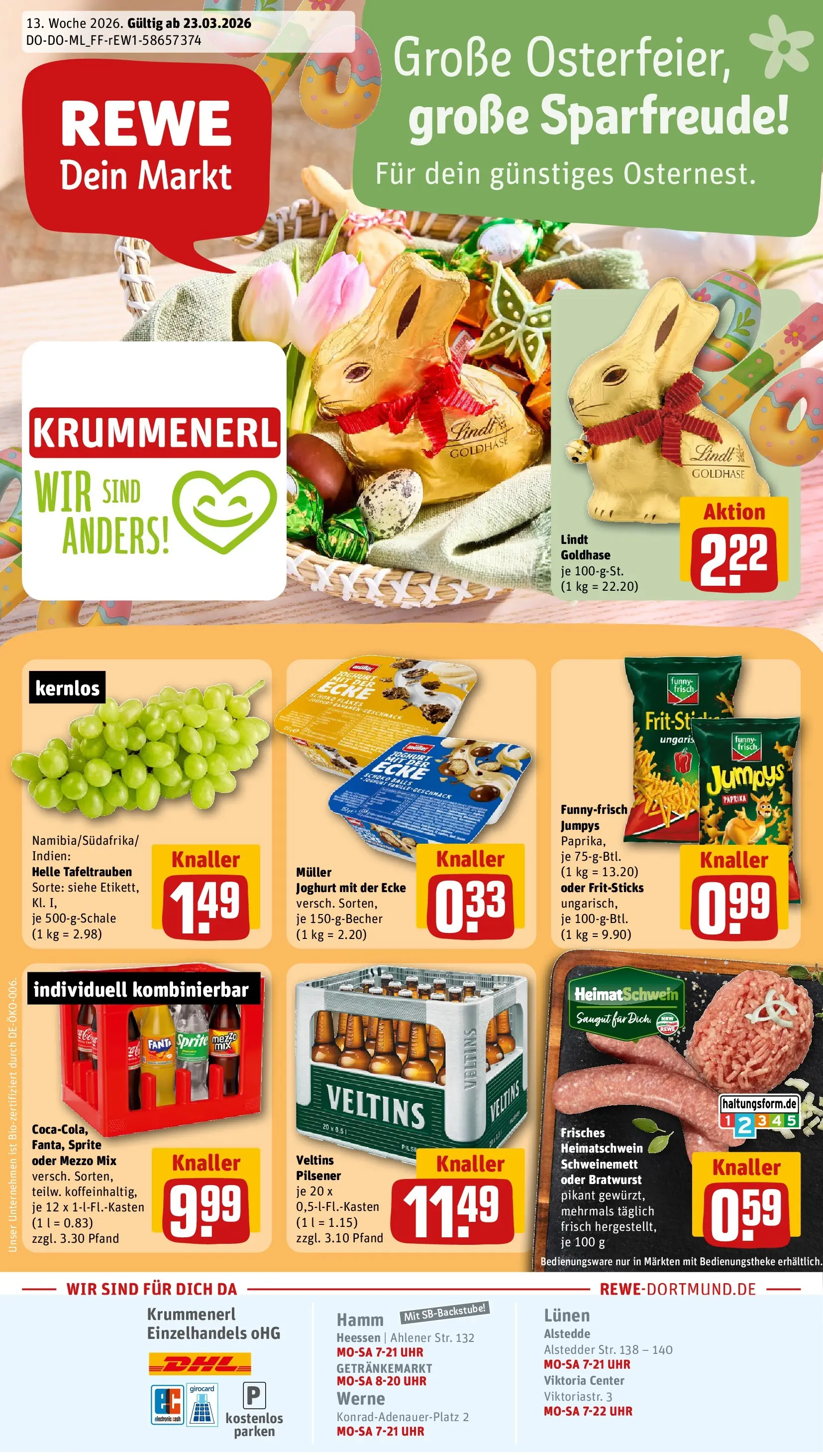 REWE Prospekt ab 23.03.2026 zum Blättern » Angebote | Seite: 1 | Produkte: Paprika, Lindt, Chips, Uhr