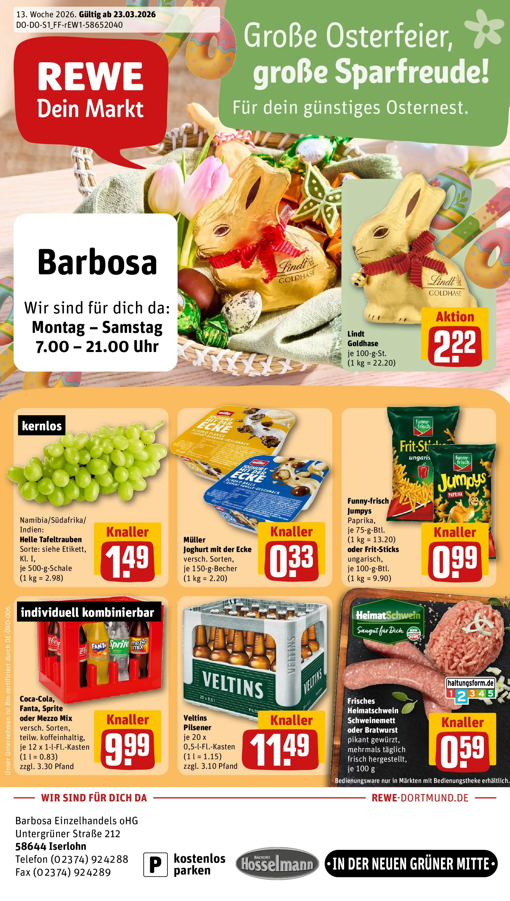 REWE Prospekt ab 23.03.2026 zum Blättern » Angebote | Seite: 1 | Produkte: Bananen, Paprika, Lindt, Telefon
