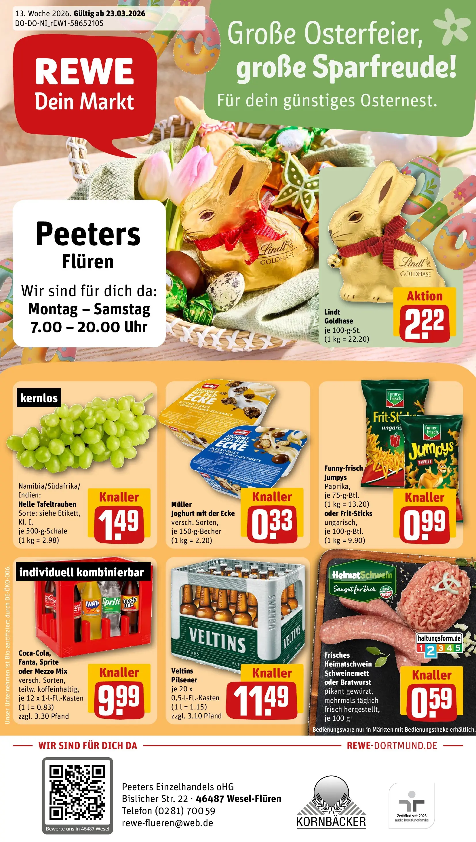 REWE Prospekt ab 23.03.2026 zum Blättern » Angebote | Seite: 1 | Produkte: Funny frisch, Bratwurst, Oder mezzo mix, Lindt