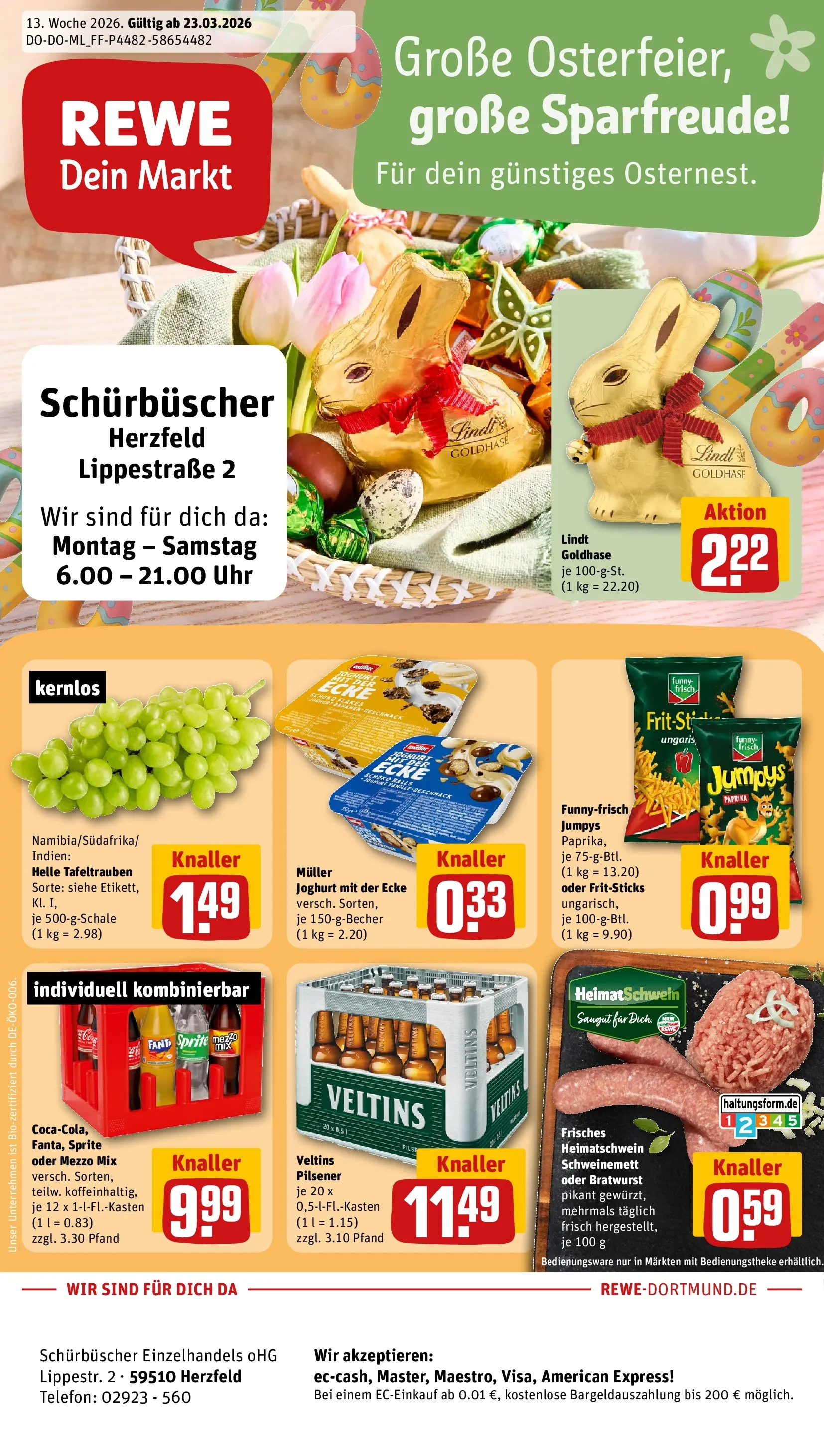 REWE Prospekt ab 23.03.2026 zum Blättern » Angebote | Seite: 1 | Produkte: Funny frisch, Pils, Telefon, Uhr