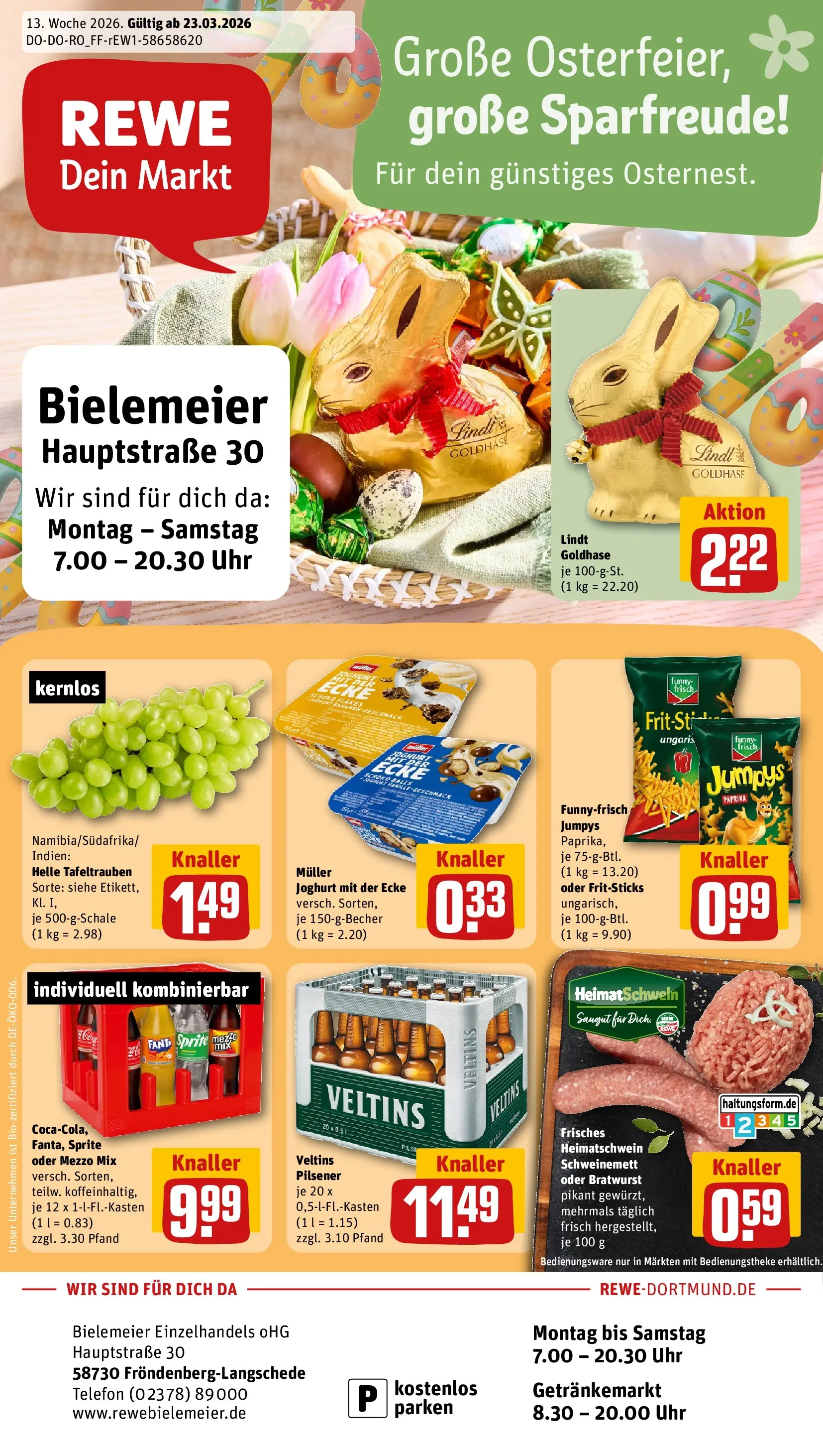 REWE Prospekt ab 23.03.2026 zum Blättern » Angebote | Seite: 1 | Produkte: Joghurt, Lindt, Telefon, Uhr