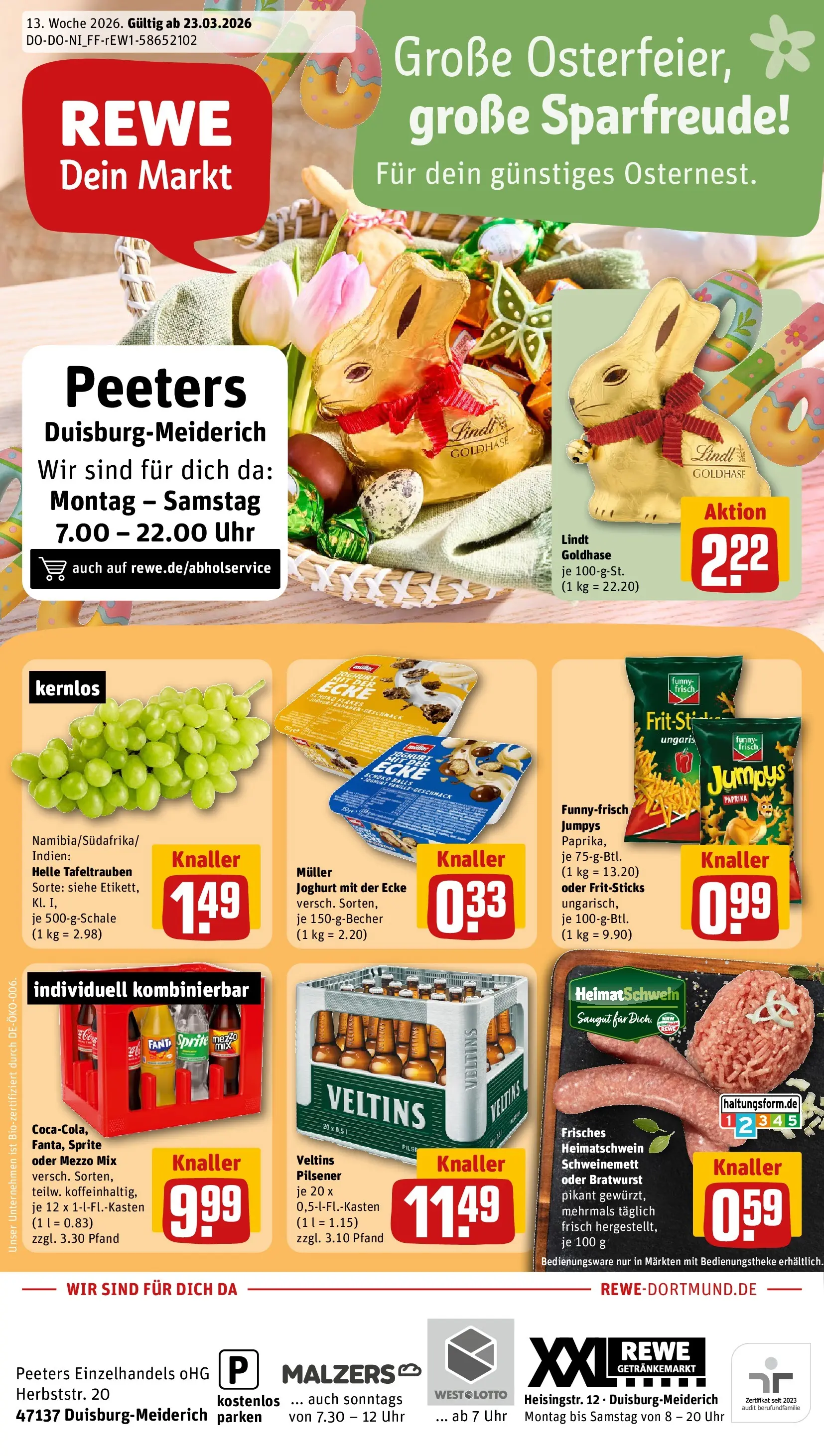 REWE Prospekt ab 23.03.2026 zum Blättern » Angebote | Seite: 1 | Produkte: Joghurt, Funny frisch, Lindt, Veltins