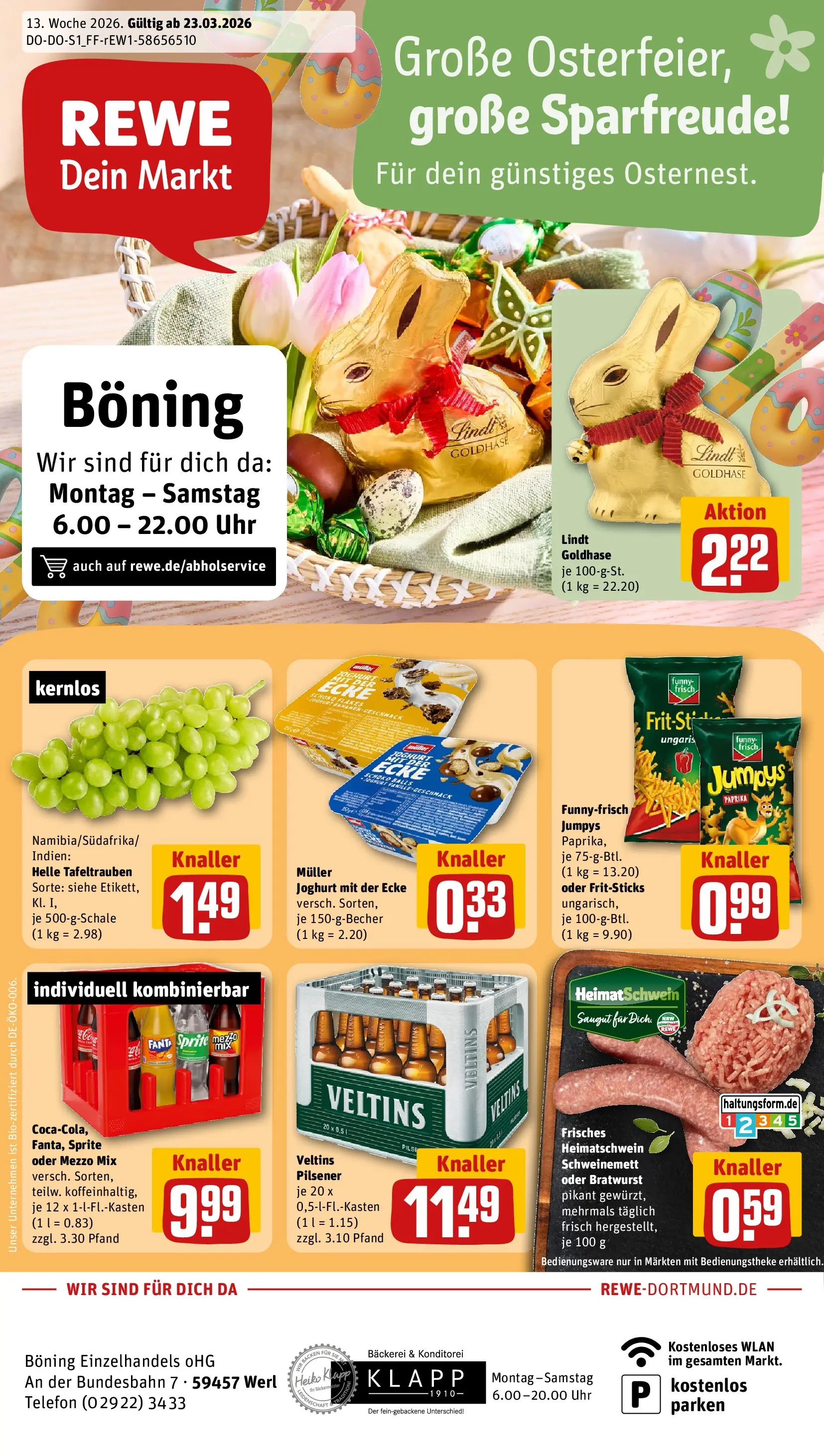 REWE Prospekt ab 23.03.2026 zum Blättern » Angebote | Seite: 1 | Produkte: Bäckerei, Joghurt, Oder mezzo mix, Uhr