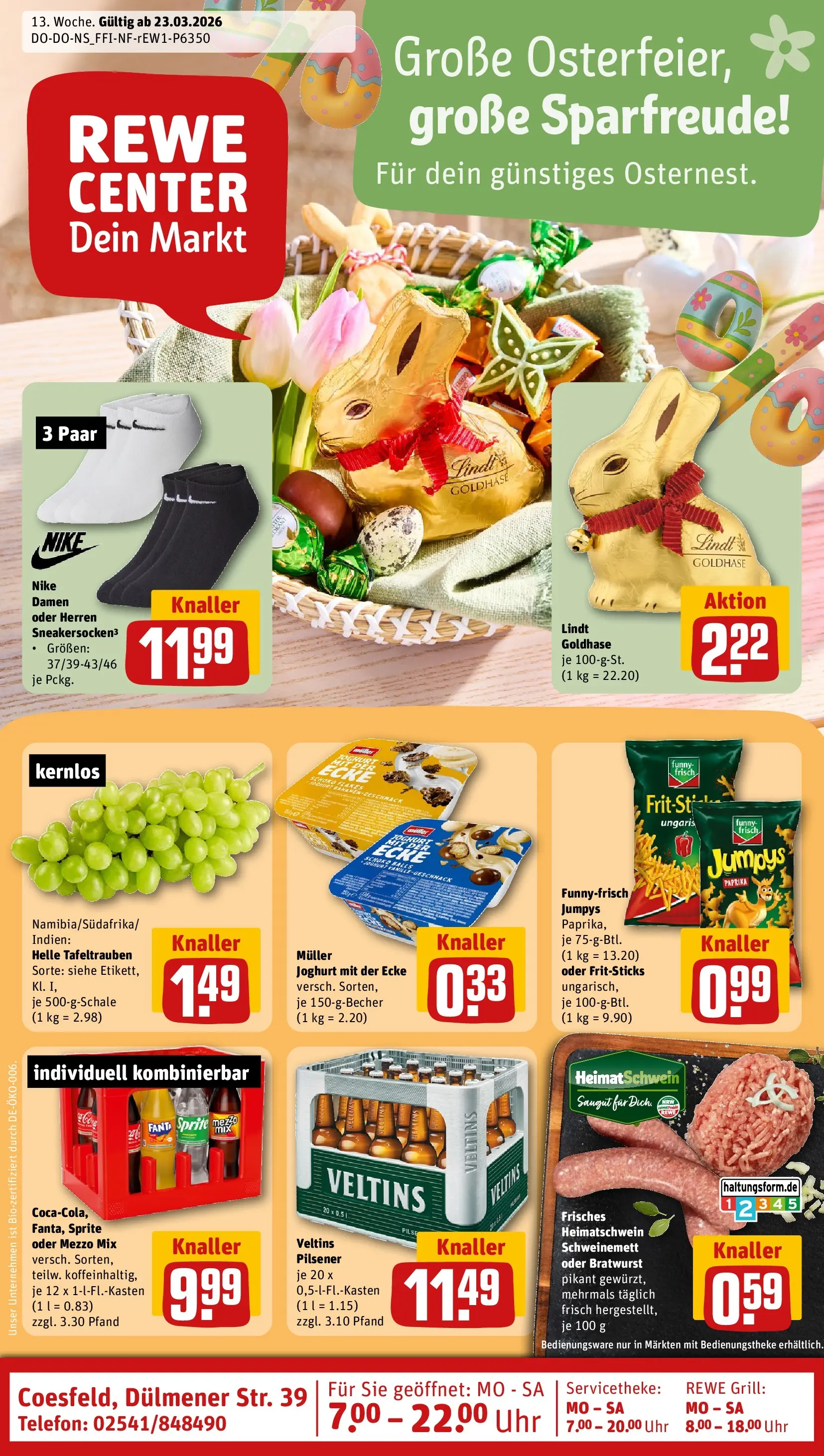 REWE Prospekt ab 23.03.2026 zum Blättern » Angebote | Seite: 1 | Produkte: Joghurt, Bratwurst, Lindt, Telefon