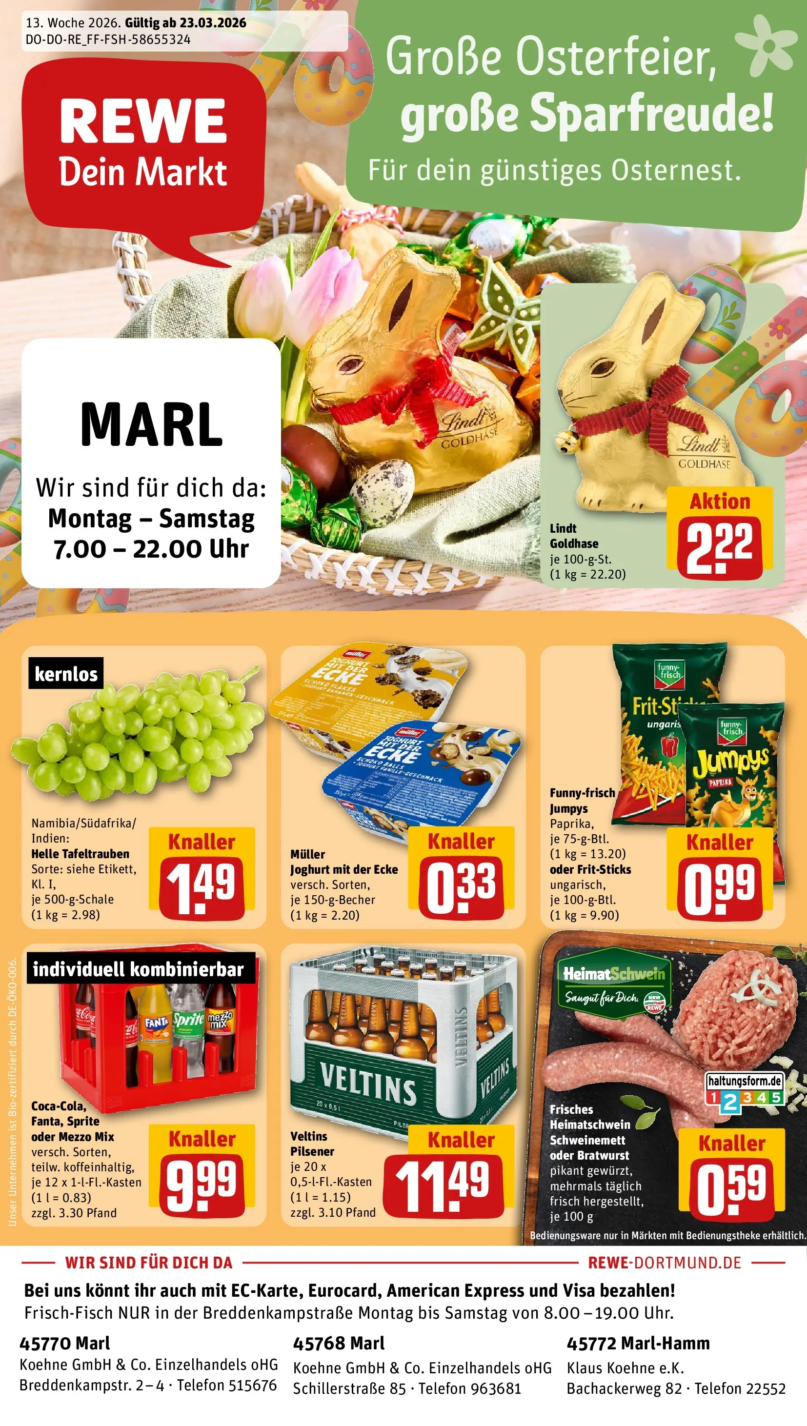 REWE Prospekt ab 23.03.2026 zum Blättern » Angebote | Seite: 1 | Produkte: Bratwurst, Paprika, Uhr, Veltins