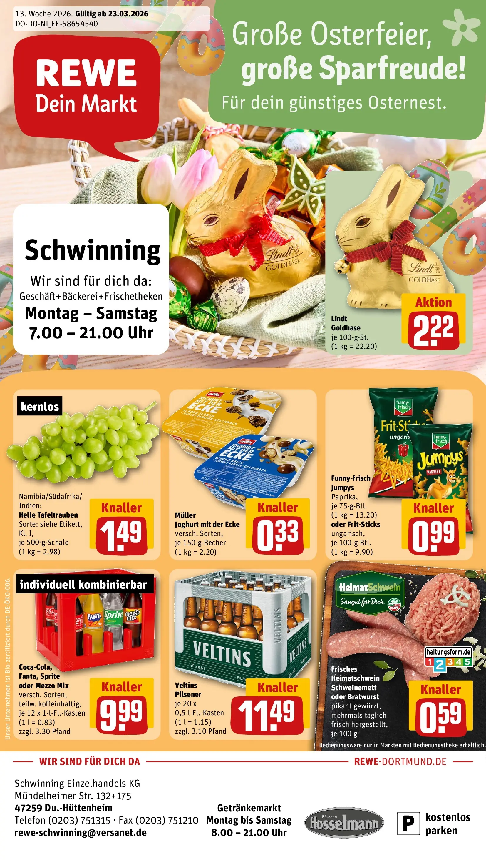 REWE Prospekt ab 23.03.2026 zum Blättern » Angebote | Seite: 1 | Produkte: Oder mezzo mix, Lindt, Chips, Uhr