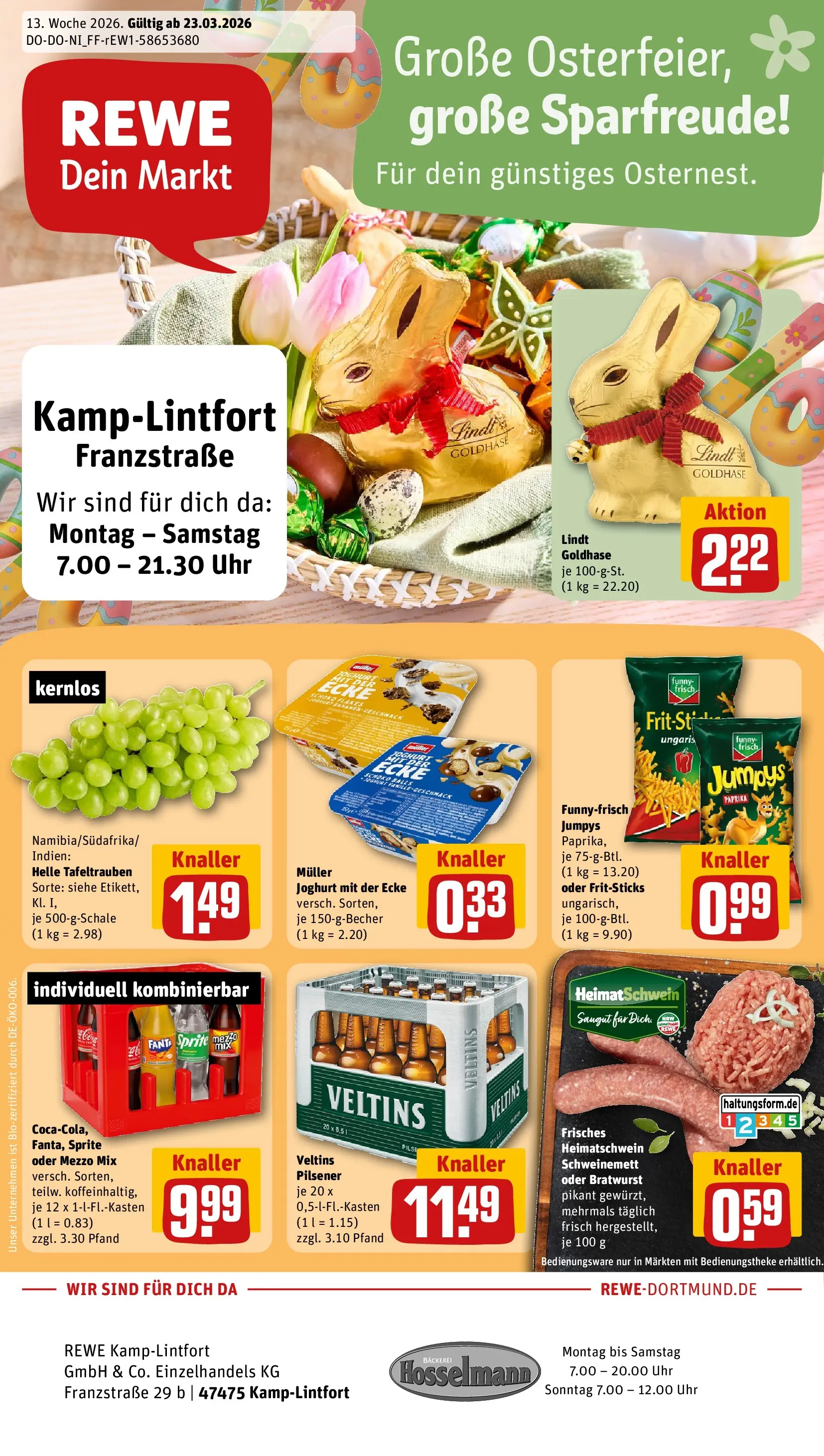 REWE Prospekt ab 23.03.2026 zum Blättern » Angebote | Seite: 1 | Produkte: Oder mezzo mix, Lindt, Uhr, Veltins