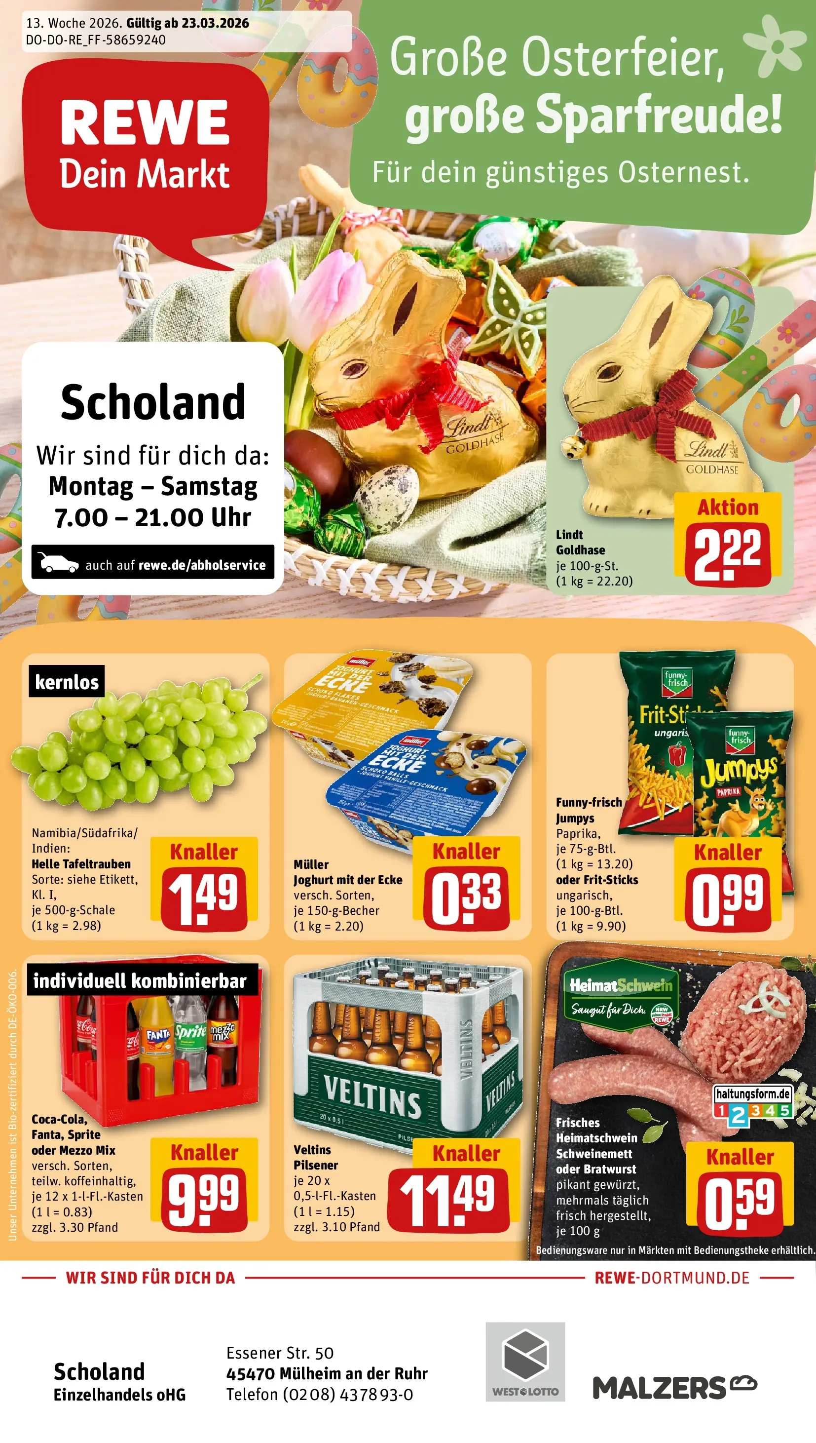 REWE Prospekt ab 23.03.2026 zum Blättern » Angebote | Seite: 1 | Produkte: Joghurt, Lindt, Uhr, Veltins