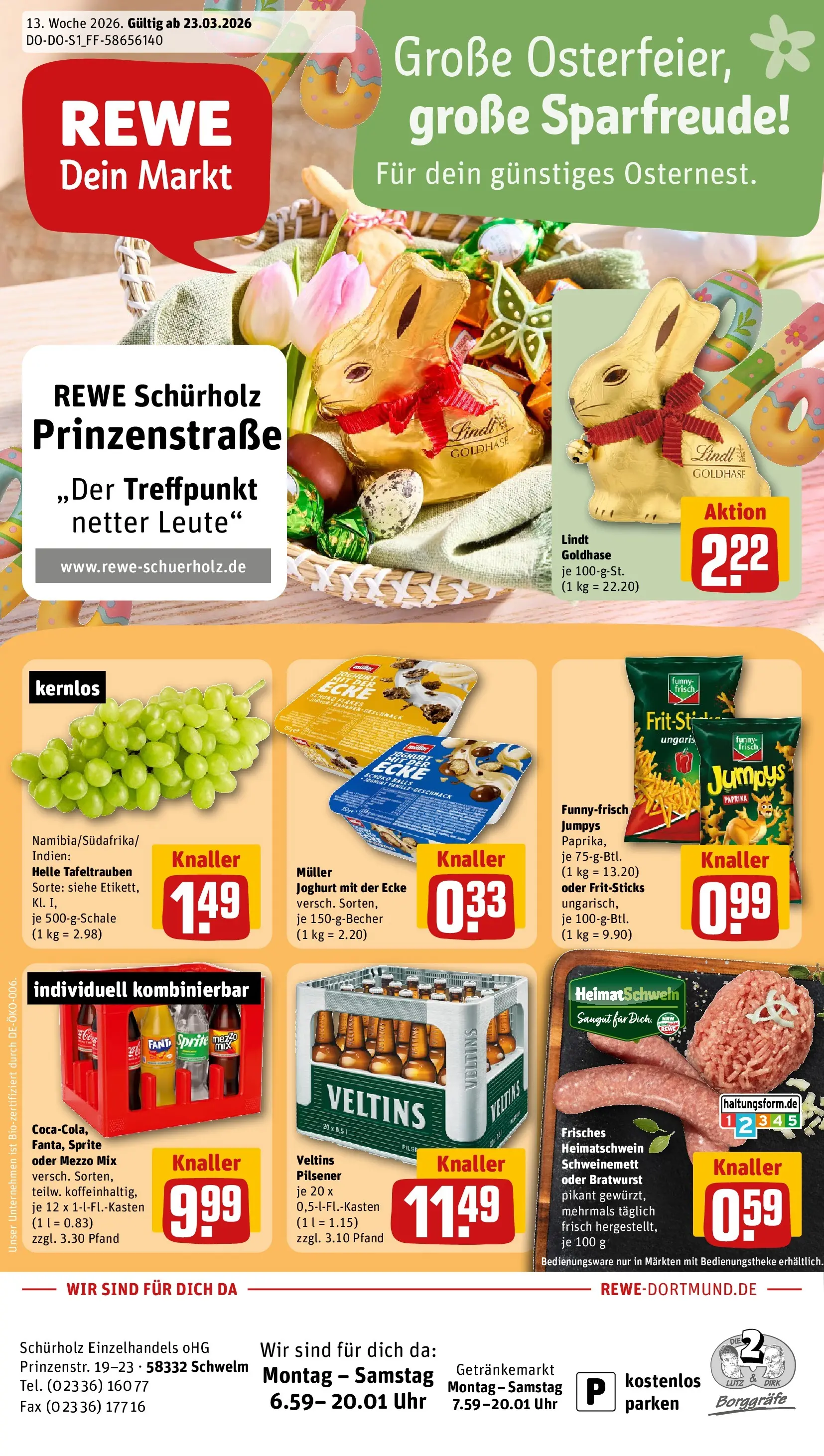 REWE Prospekt ab 23.03.2026 zum Blättern » Angebote | Seite: 1 | Produkte: Joghurt, Lindt, Chips, Uhr