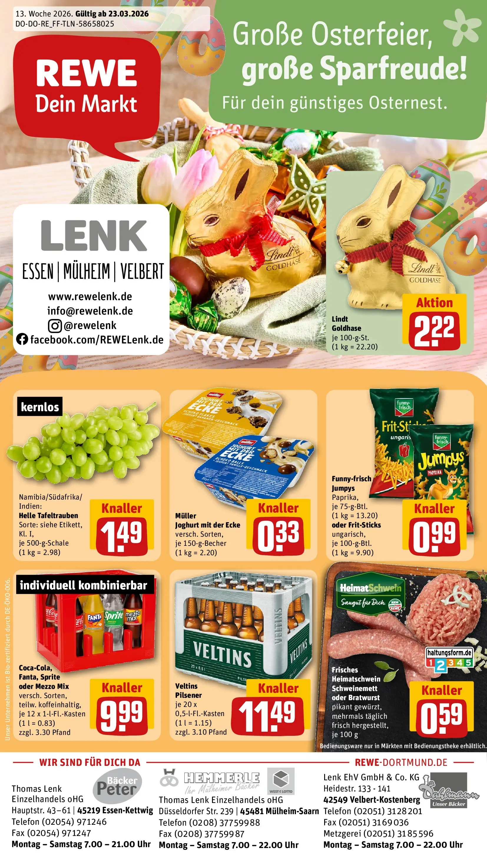 REWE Prospekt ab 23.03.2026 zum Blättern » Angebote | Seite: 1 | Produkte: Sprite, Bratwurst, Telefon, Uhr