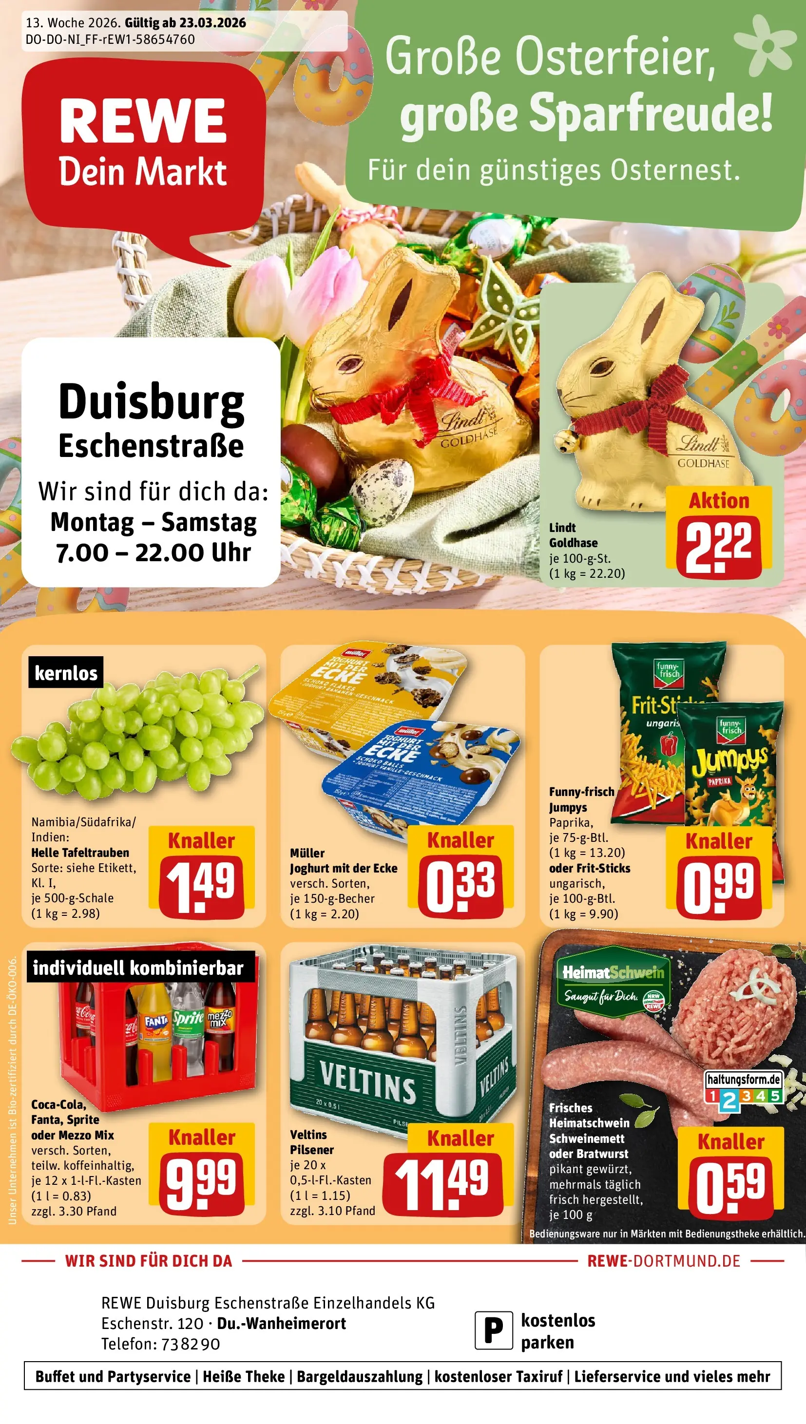 REWE Prospekt ab 23.03.2026 zum Blättern » Angebote | Seite: 1 | Produkte: Fanta, Funny frisch, Bratwurst, Telefon