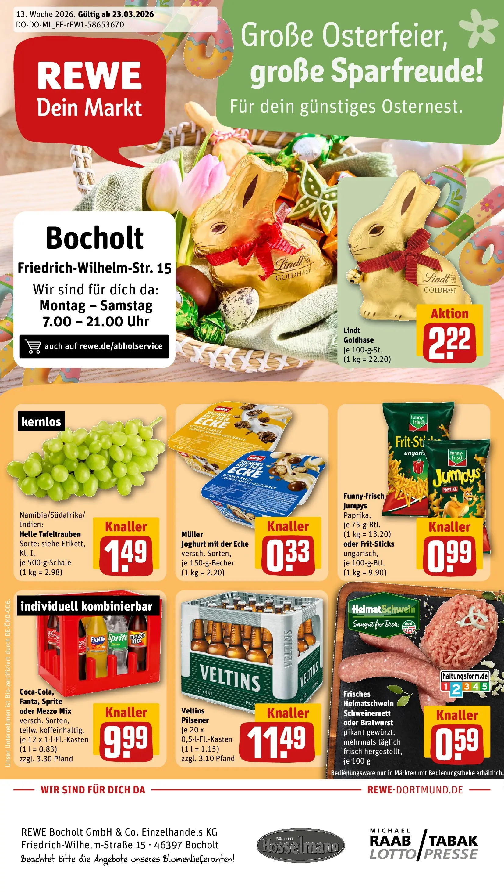REWE Prospekt ab 23.03.2026 zum Blättern » Angebote | Seite: 1 | Produkte: Bratwurst, Bananen, Paprika, Lindt