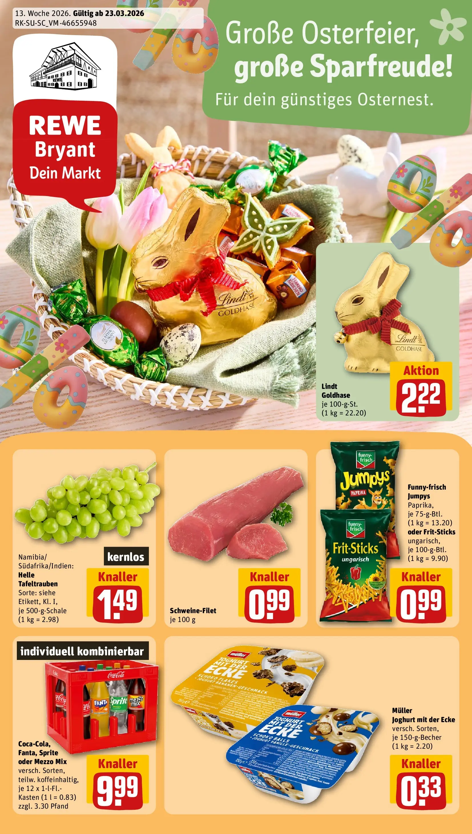 REWE Prospekt ab 23.03.2026 zum Blättern » Angebote | Seite: 1 | Produkte: Mezzo mix, Sprite, Oder mezzo mix, Lindt