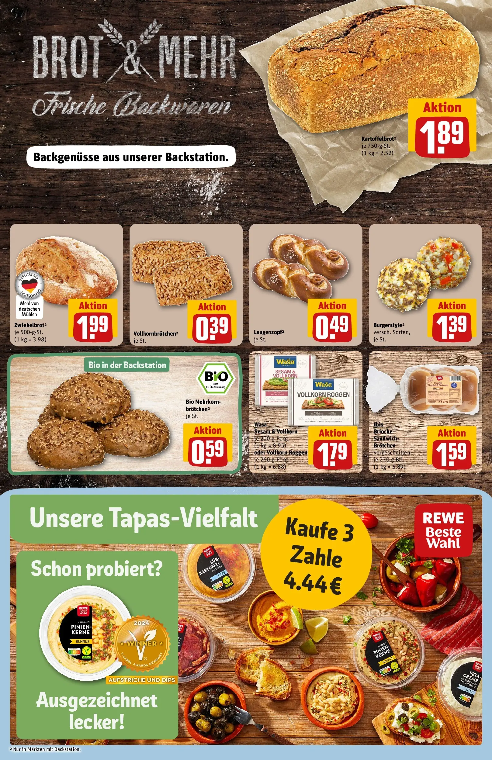 REWE Prospekt ab 23.03.2026 zum Blättern » Angebote | Seite: 14 | Produkte: Mehl, Burger, Knoblauch, Brot