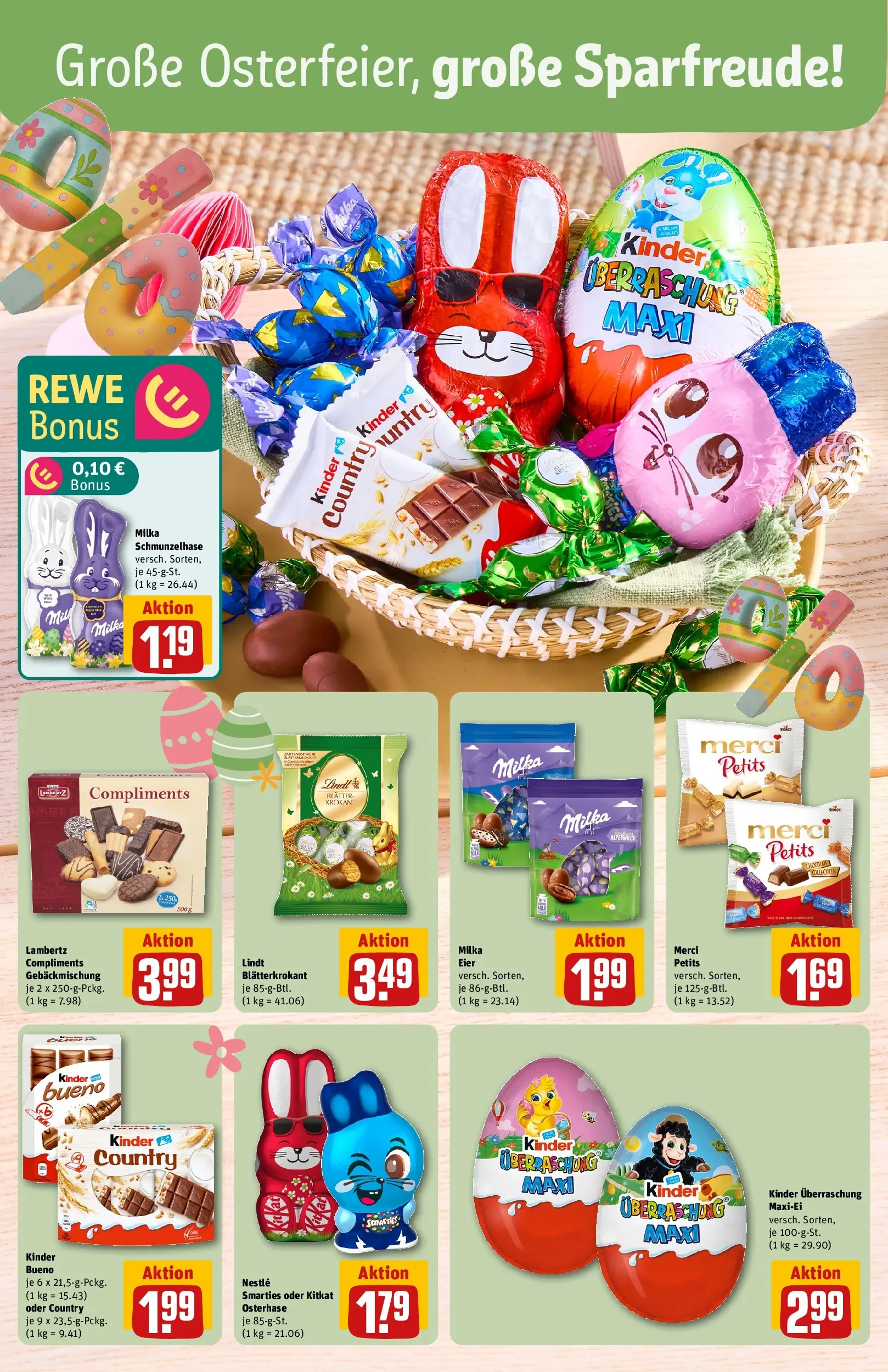 REWE Prospekt ab 23.03.2026 zum Blättern » Angebote | Seite: 4 | Produkte: Smarties, Kinder bueno, Lindt, Kinder country