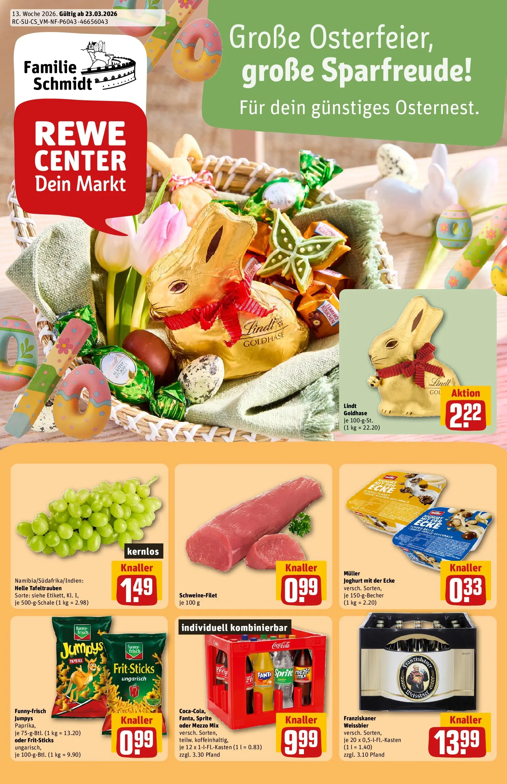 REWE Prospekt ab 23.03.2026 zum Blättern » Angebote | Seite: 1 | Produkte: Mezzo mix, Fanta, Weißbier, Lindt