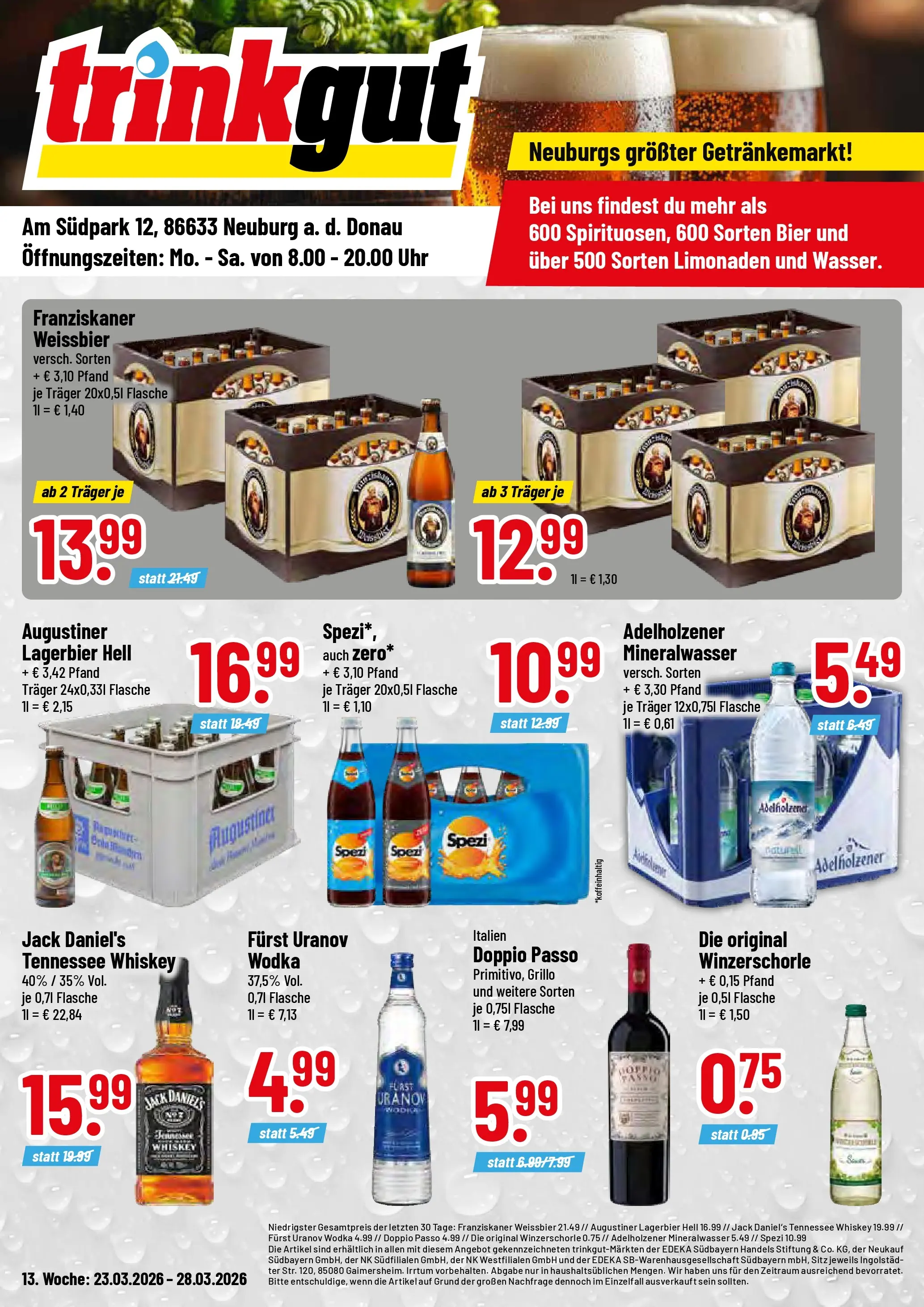 Trinkgut Prospekt Neuburg An Der Donau	 (ab 22.03.2026) » Angebote online | Seite: 1 | Produkte: Bier, Adelholzener, Doppio Passo, Whiskey