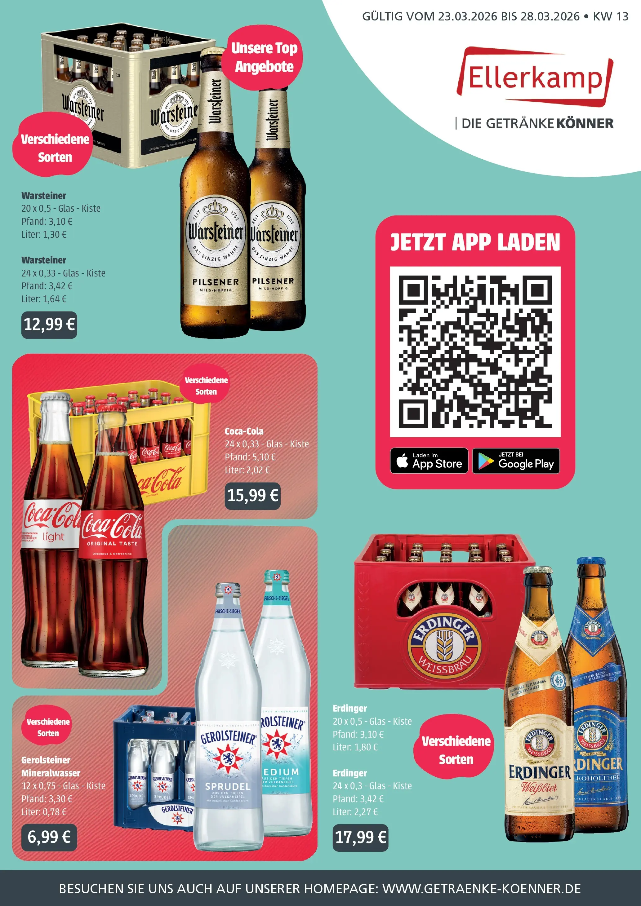 Angebote - Getränke Ellerkamp: Getränkeangebote (ab 22.03.2026) zum Blättern | Seite: 1 | Produkte: Erdinger, Cola, Warsteiner, Gerolsteiner