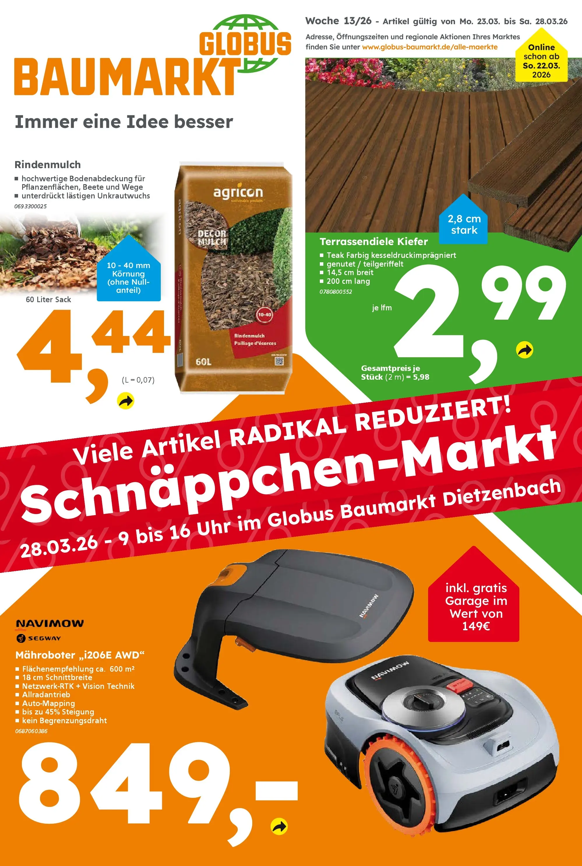 Globus Baumarkt Prospekt Dietzenbach	 (ab 23.03.2026) zum Blättern | Seite: 1 | Produkte: Rindenmulch, Uhr