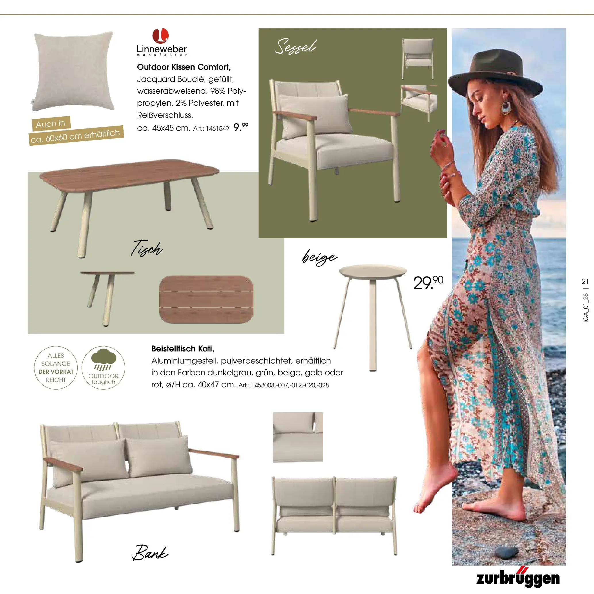 Zurbrüggen Garten Unna (ab 19.03.2025) zum Blättern | Seite: 21 | Produkte: Beistelltisch, Kissen, Sessel, Tisch