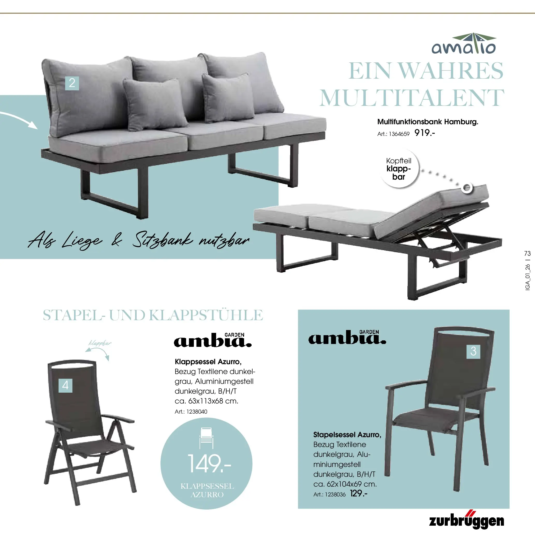 Zurbrüggen Garten Unna (ab 19.03.2025) zum Blättern | Seite: 73 | Produkte: Sitzbank, Liege